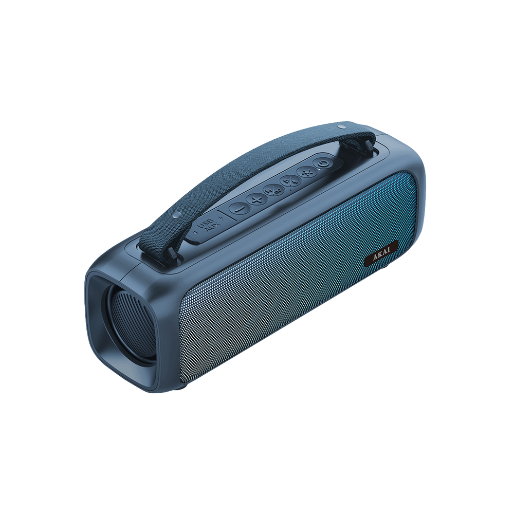 Niebiesko-czarny głośnik przenośny Akai z uchwytem, przyciskami i siatkową osłoną głośnika, na białym tle.