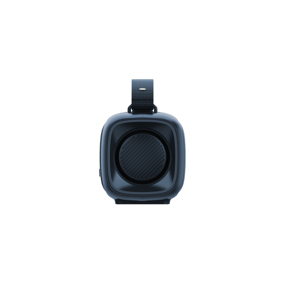 Ciemnoniebieski głośnik z uchwytem jest wyśrodkowany na białym tle. Głośnik ma okrągłą kratkę i materiałowy uchwyt.