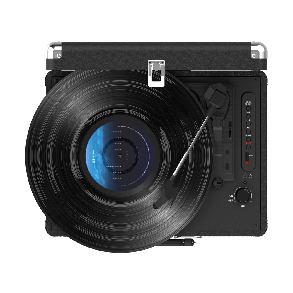 Czarny gramofon z płytą winylową. Elementy sterujące z boku, srebrne ramię i czarna obudowa.