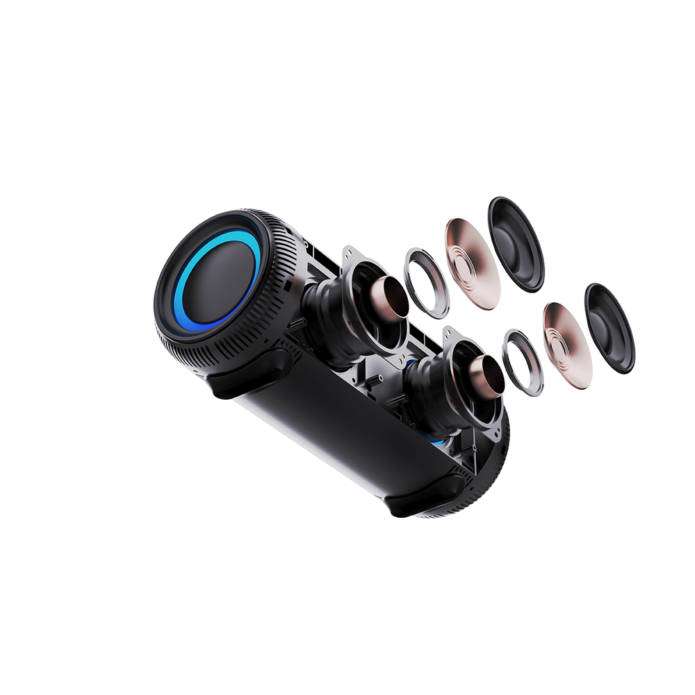 Widok rozstrzelony czarnego głośnika z odłączonymi komponentami, pokazujący części wewnętrzne i głośniki.