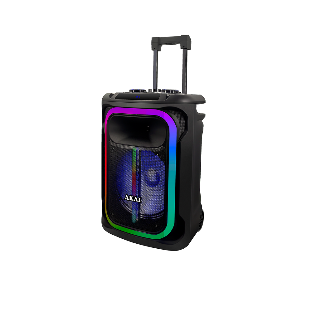 Czarny głośnik AKAI z kolorową ramką świetlną, uchwytem i kółkami. Głośnik ma siatkowy przód i przyciski sterowania na górze.