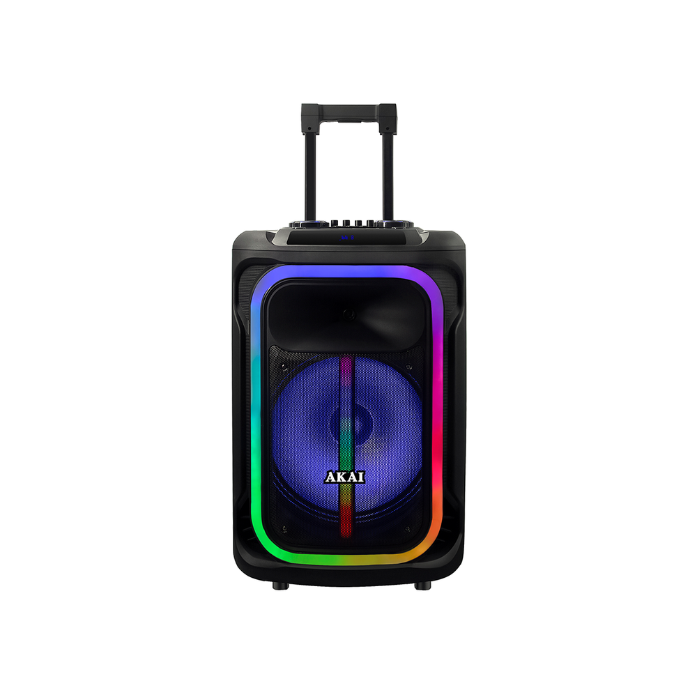 Czarny głośnik AKAI z kolorową ramką świetlną i niebieskim głośnikiem. Posiada uchwyt do przenoszenia.