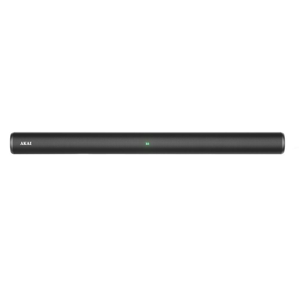 Czarny soundbar Akai na białym tle. Posiada logo Akai i symbol Bluetooth ze zielonym światłem.