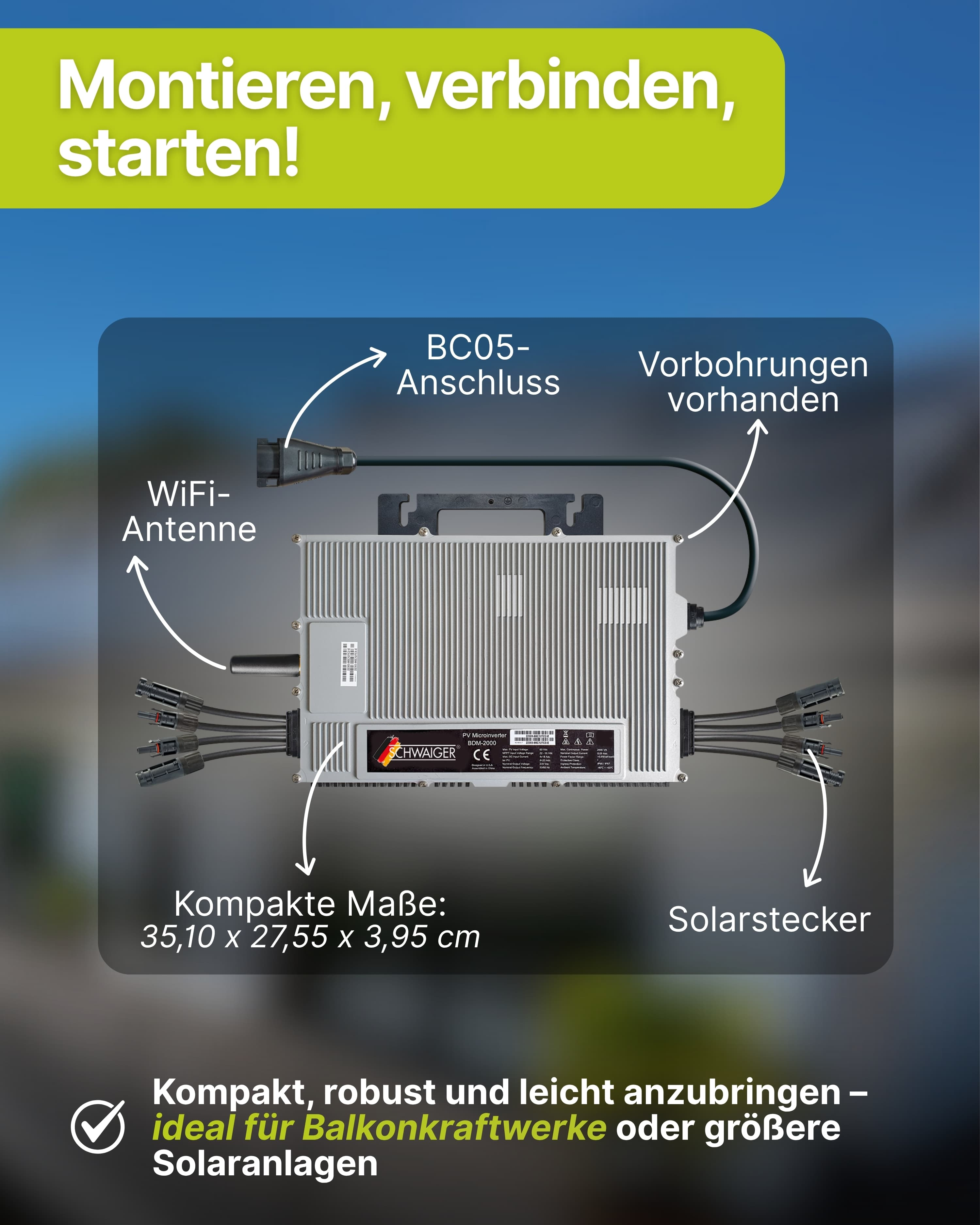 Mikrowechselrichter mit WLAN-Antenne, Anschlüssen und Etiketten. Text enthält Abmessungen und ideal für Balkon-Solar.