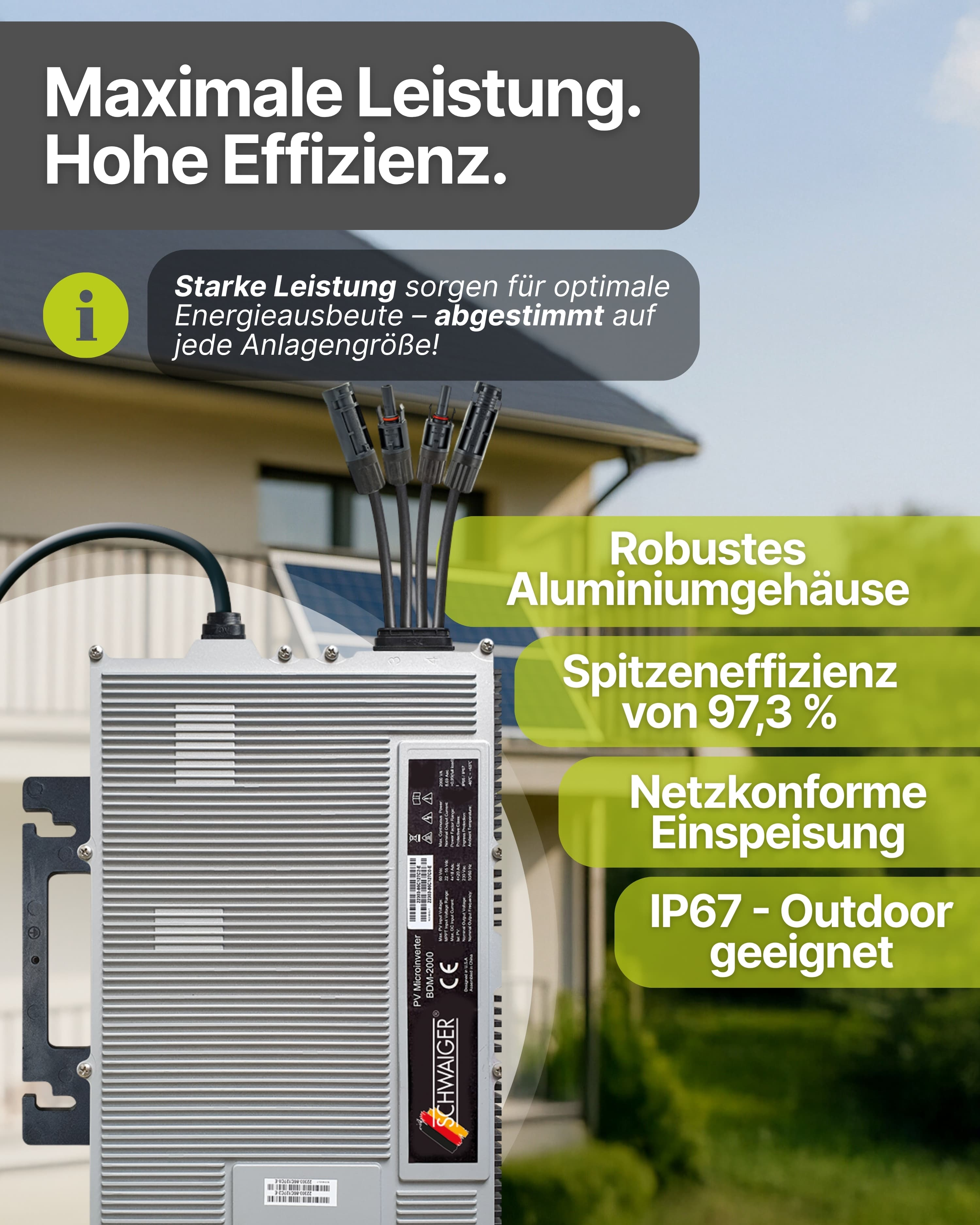Ein Solarwechselrichter mit Text über Leistung und Effizienz. Es hat schwarze Kabel und ist an einer Wand montiert.