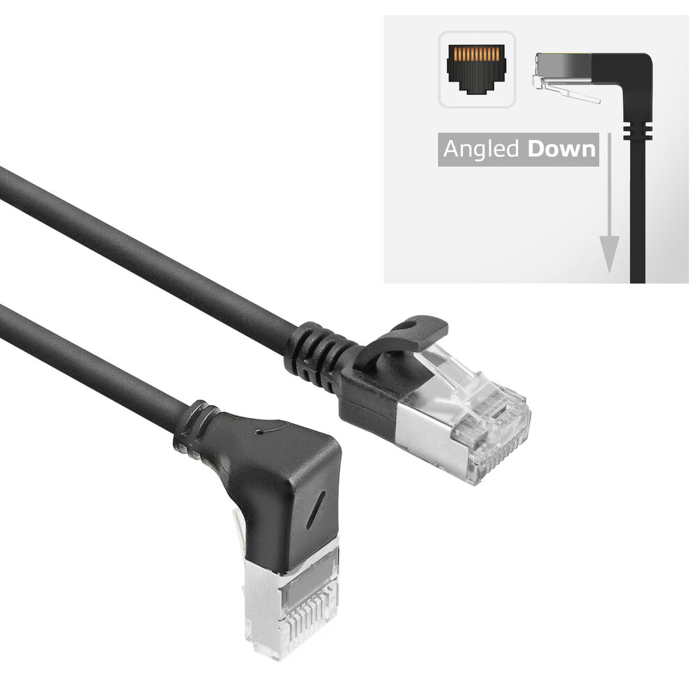 Abgewinkeltes Ethernet-Kabel mit schwarzem Draht und transparentem Stecker. Diagramm rechts oben zeigt den Winkel.