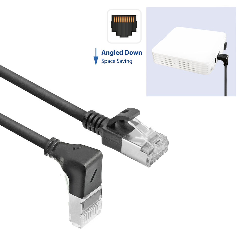 Ein abgewinkeltes Ethernet-Kabel, schwarz, an ein weißes Gerät angeschlossen. Eine Abbildung eines Ethernet-Anschlusses ist ebenfalls vorhanden.