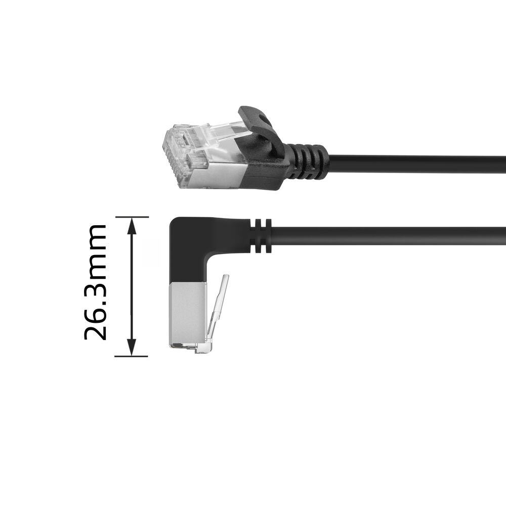 Zwei schwarze Netzwerkkabel mit RJ45-Anschlüssen. Eines ist gerade, das andere abgewinkelt. Das Bild enthält ein Maß von 26,3 mm.