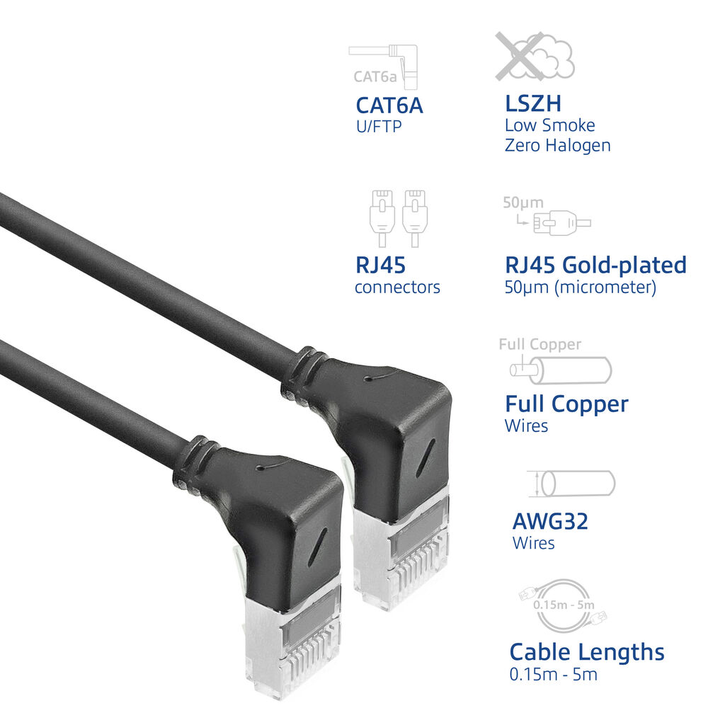 Zwei schwarze Netzwerkkabel mit RJ45-Anschlüssen. Textkennzeichnungen detaillieren Spezifikationen wie CAT6A, LSZH, vergoldet und Kabellängen.