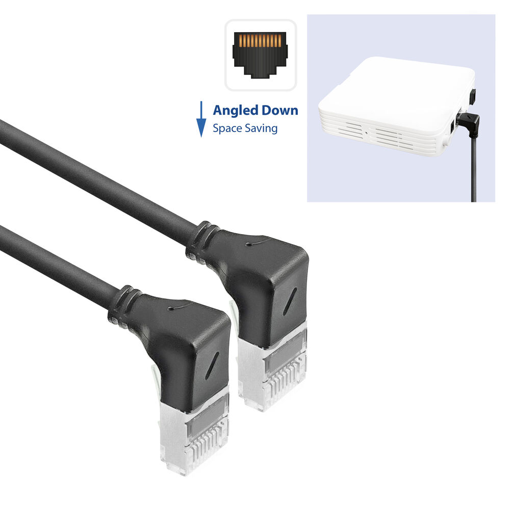 Zwei schwarze abgewinkelte Ethernet-Kabel mit transparenten Steckern. Ein weißes Gerät und ein Symbol im Hintergrund.