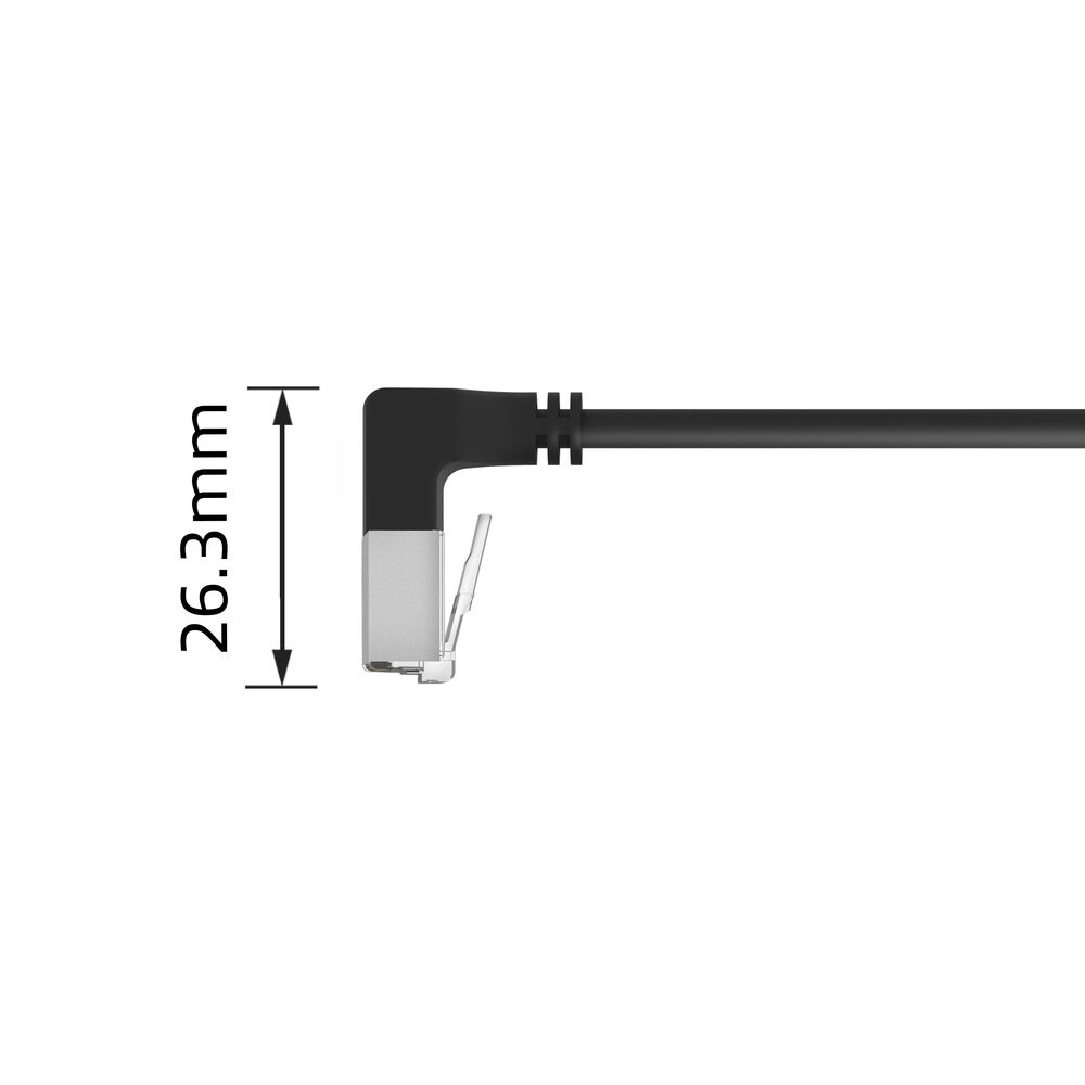 Nahaufnahme eines schwarzen Ethernet-Kabels mit silbernem Stecker. Die Messung 26,3 mm ist mit einem Pfeil angegeben.