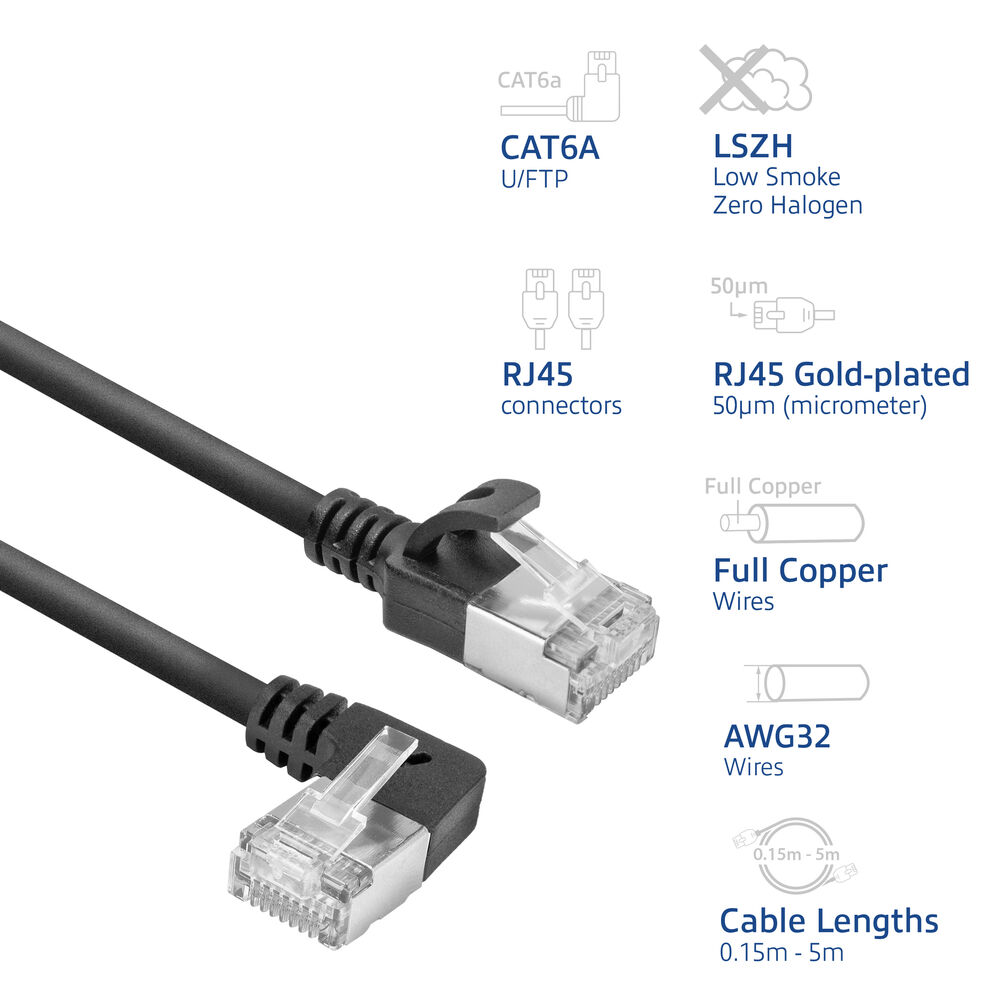 Schwarzes Netzwerkkabel mit RJ45-Anschlüssen. Textlabels zeigen CAT6A, LSZH, Vergoldung, Vollkupferdrähte und Kabellängen.