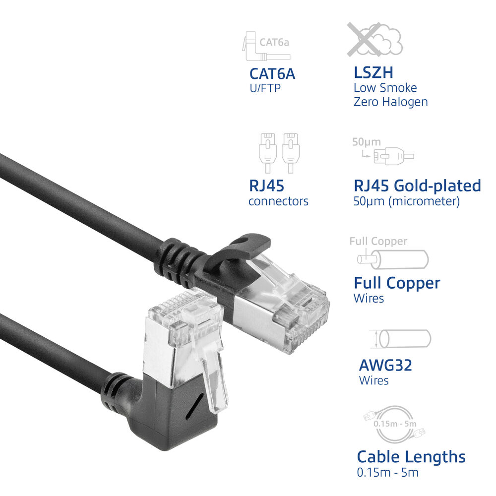 Schwarzes Netzwerkkabel mit zwei RJ45-Steckern. Text zeigt CAT6A, LSZH, Vollkupferdrähte, AWG32 und Kabellängen.