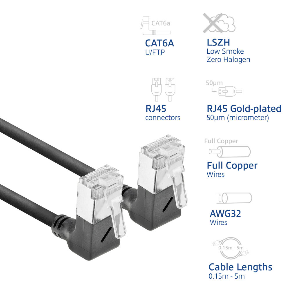 Das Bild zeigt zwei abgewinkelte RJ45-Stecker mit Spezifikationen: CAT6A, LSZH, vergoldet, Kupferdrähte, AWG32 und Kabellängen.