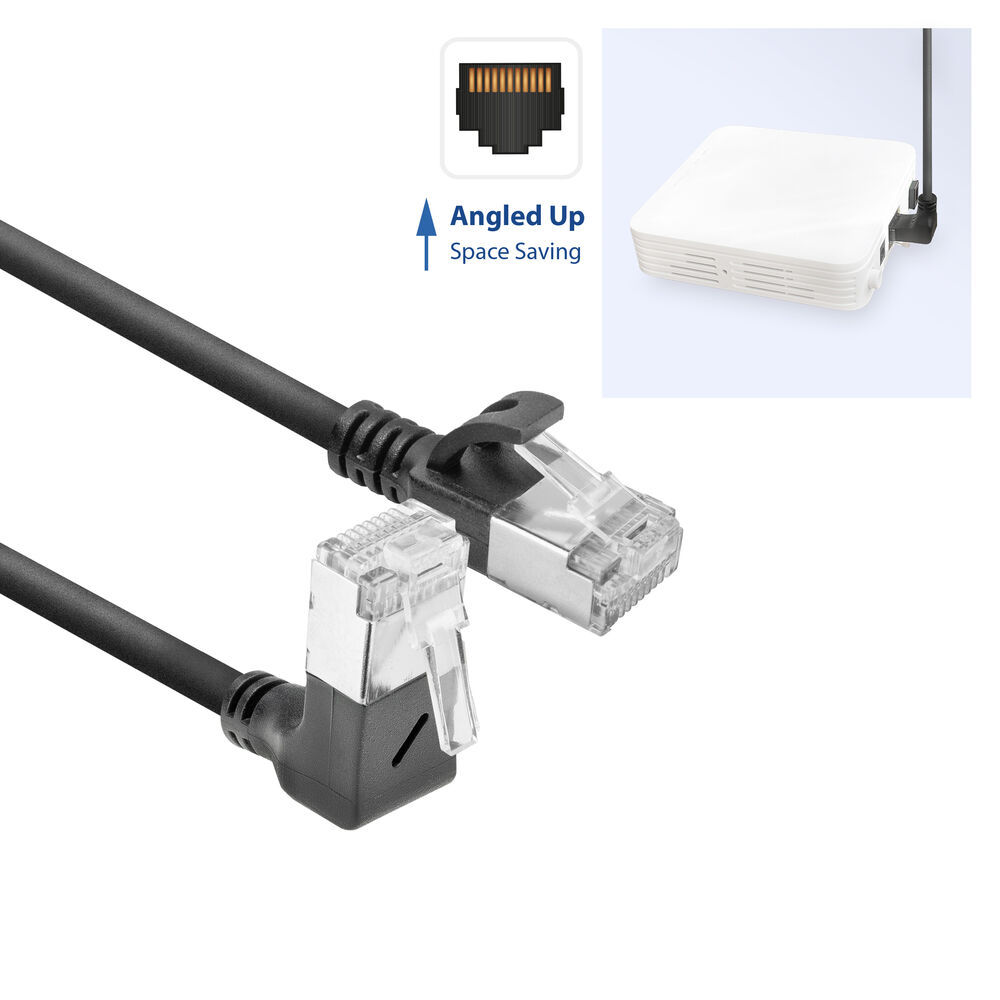 Abgewinkelte Ethernet-Kabel mit Router im Hintergrund. Die Kabel sind schwarz, mit transparenten Steckern. Illustration zeigt Port-Layout.