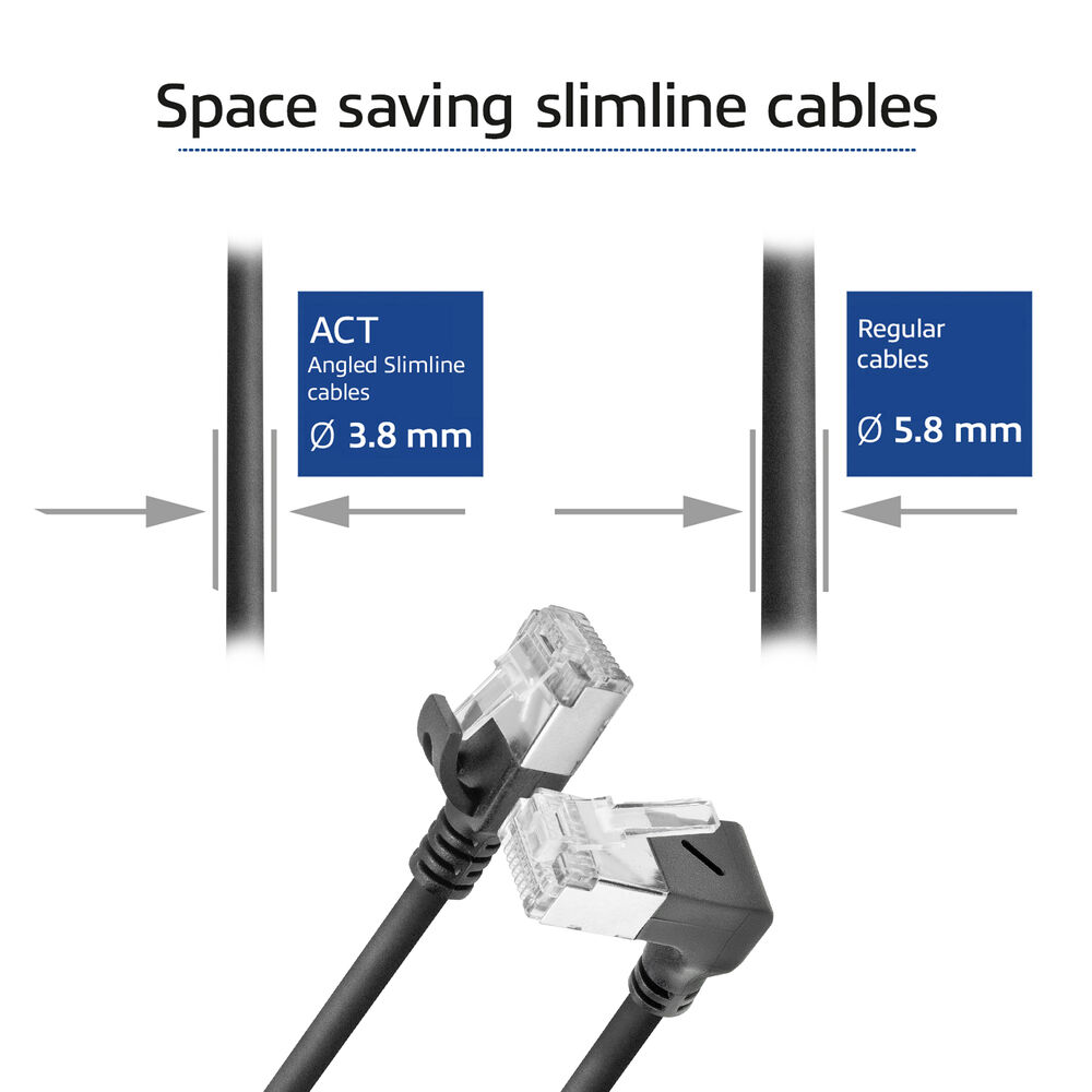Das Bild zeigt platzsparende Slimline-Kabel. Es vergleicht abgewinkelte 3,8-mm-Kabel mit regulären 5,8-mm-Kabeln, mit zwei Steckern unten.