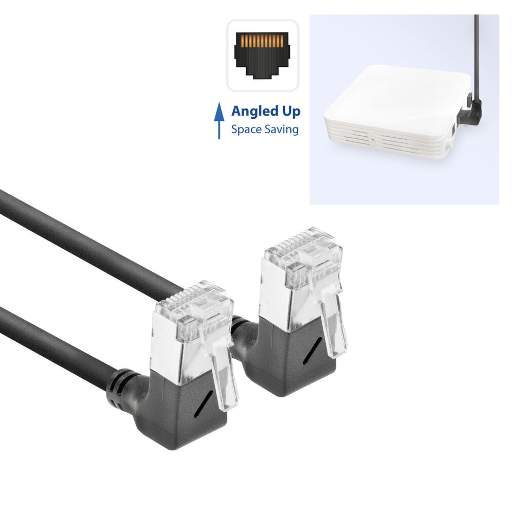 Zwei schwarze abgewinkelte Ethernet-Kabel mit durchsichtigen Steckern. Oben rechts ein weißer Router mit Antenne. Oben links ein Netzwerkanschluss-Symbol.