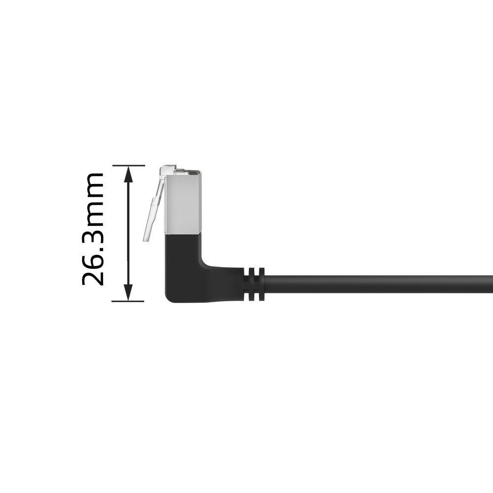 Abgewinkeltes schwarzes Ethernet-Kabel mit silbernem Stecker. Das Kabel befindet sich auf weißem Hintergrund. Der Text 26,3 mm steht links.