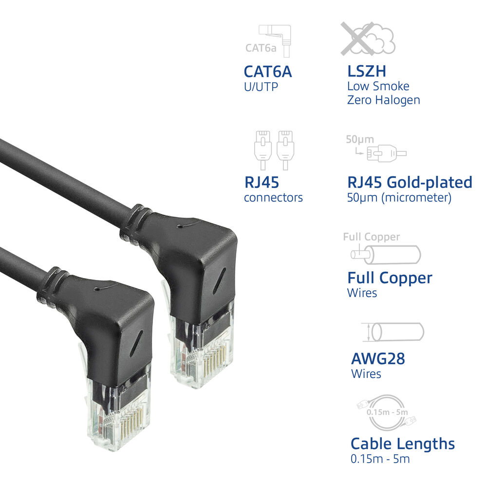 Schwarzes Netzwerkkabel mit RJ45-Anschlüssen. Textlabels: CAT6A, LSZH, RJ45 vergoldet, Vollkupferdrähte, AWG28, Kabellängen.