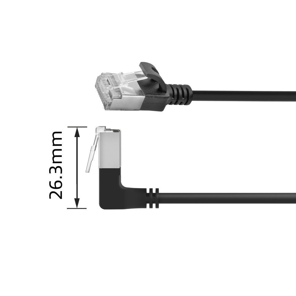 Zwei schwarze Netzwerkkabel mit RJ45-Anschlüssen. Eines ist gerade, das andere abgewinkelt. Eine Messung von 26,3 mm wird angezeigt.