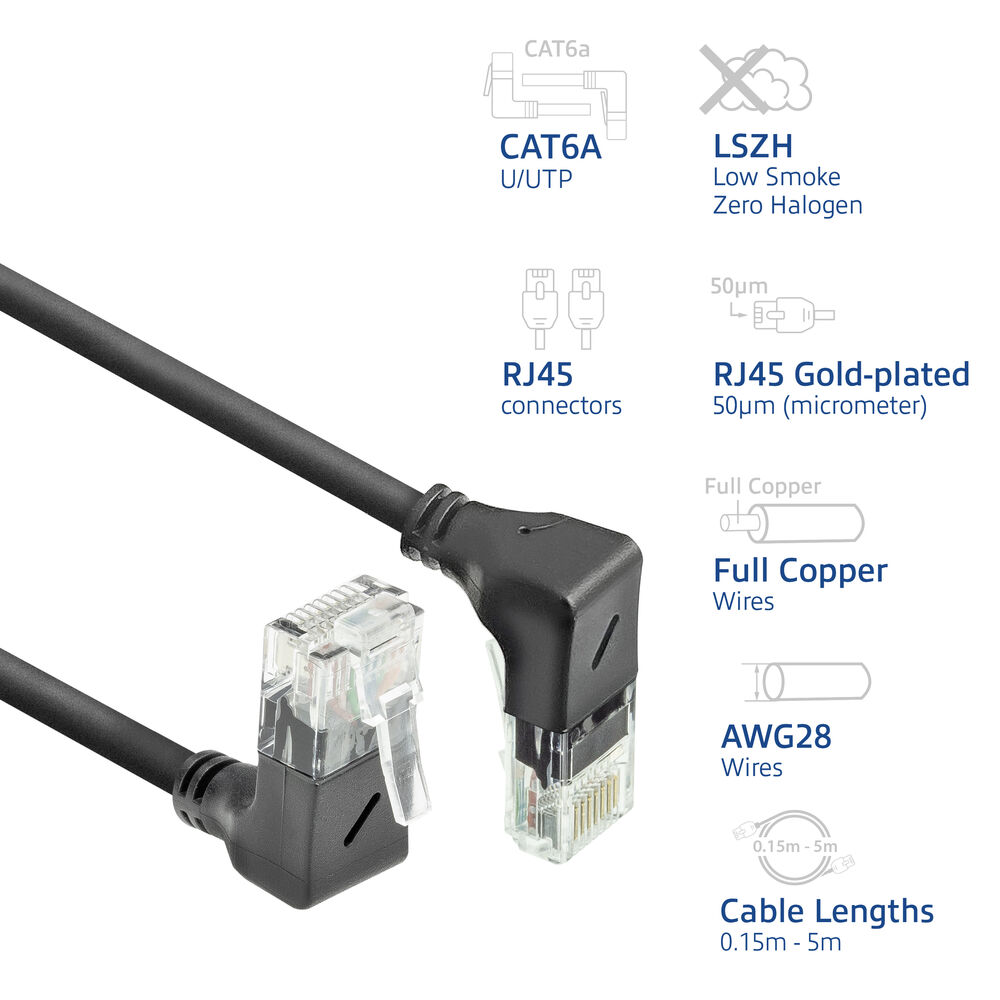 Schwarzes Netzwerkkabel mit RJ45-Anschlüssen, mit CAT6A, vergoldeten und AWG28-Drähten, mit Kabellänge 0,15 m-5 m.