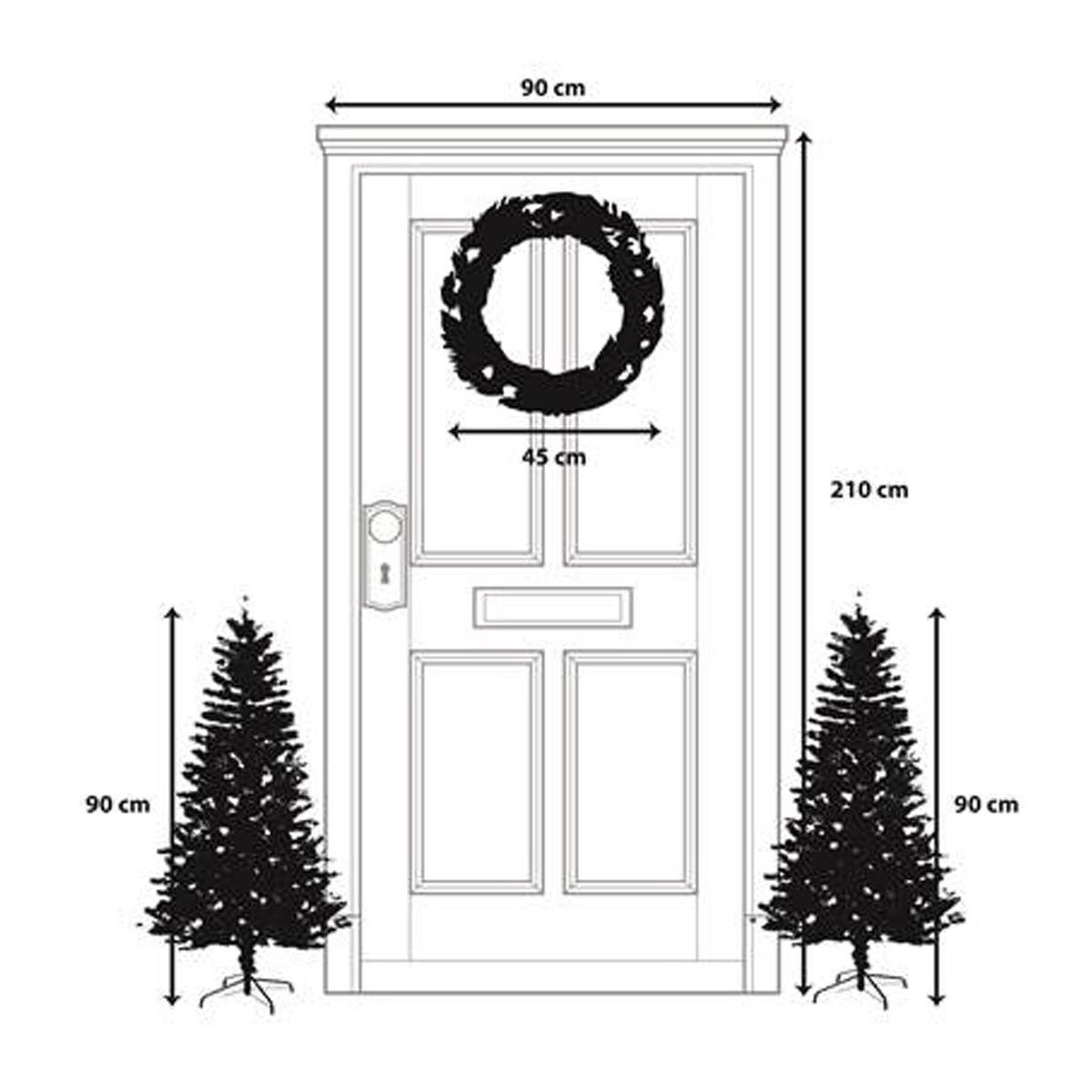 Une porte avec une couronne et deux arbres de Noël de chaque côté. Les dimensions sont indiquées sur l'image.