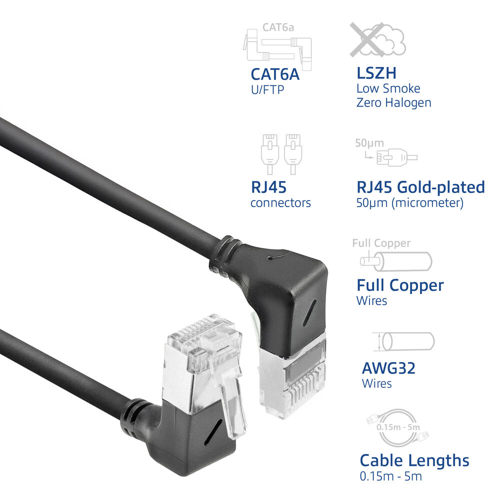 Ein schwarzes Ethernet-Kabel mit RJ45-Anschlüssen. Text zeigt CAT6A, LSZH, vergoldete Stecker, Vollkupferdrähte und Kabellängen.