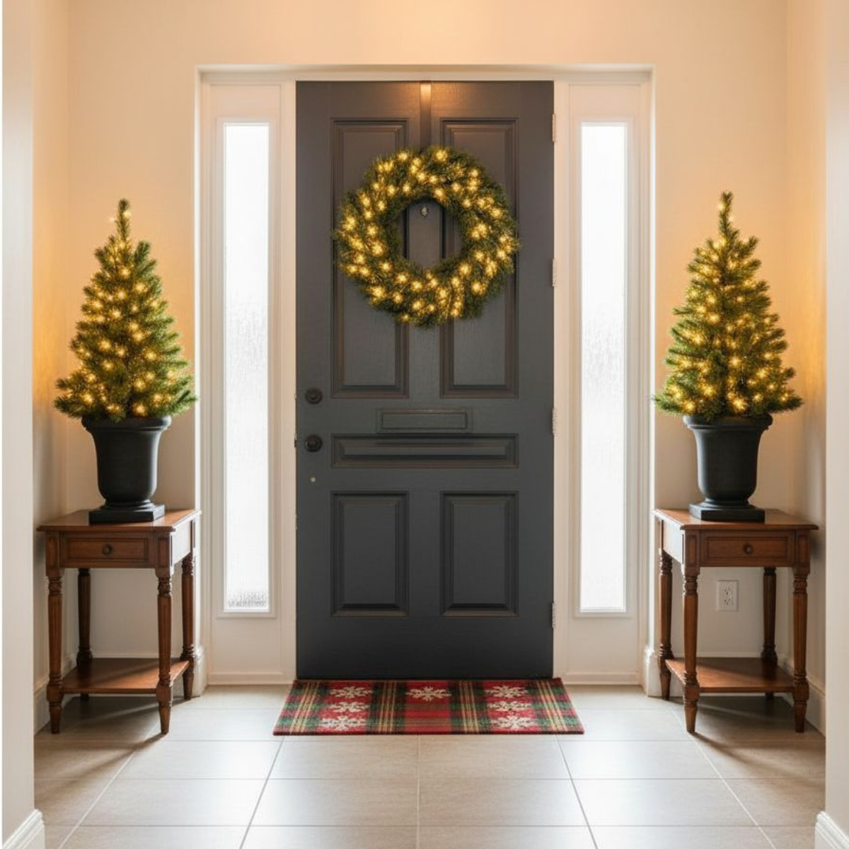 Une entrée décorée avec une porte noire, une couronne et deux mini sapins de Noël éclairés. Un tapis rouge et vert au sol.
