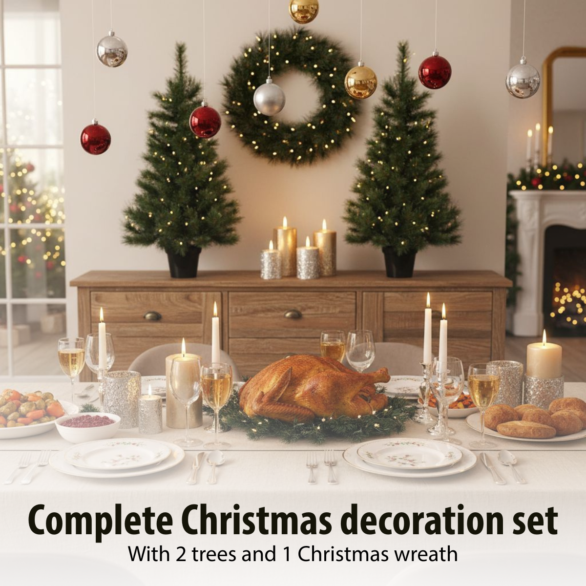 Scène de Noël. Table garnie de nourriture, bougies et ornements. Deux arbres et une couronne en arrière-plan. Décoration complète.