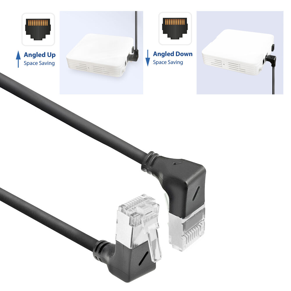 Abgewinkelte Ethernet-Kabel. Eines nach oben, eines nach unten. Gezeigt werden weiße Router-Geräte. Schwarze Kabel und Stecker. Platzsparendes Design.