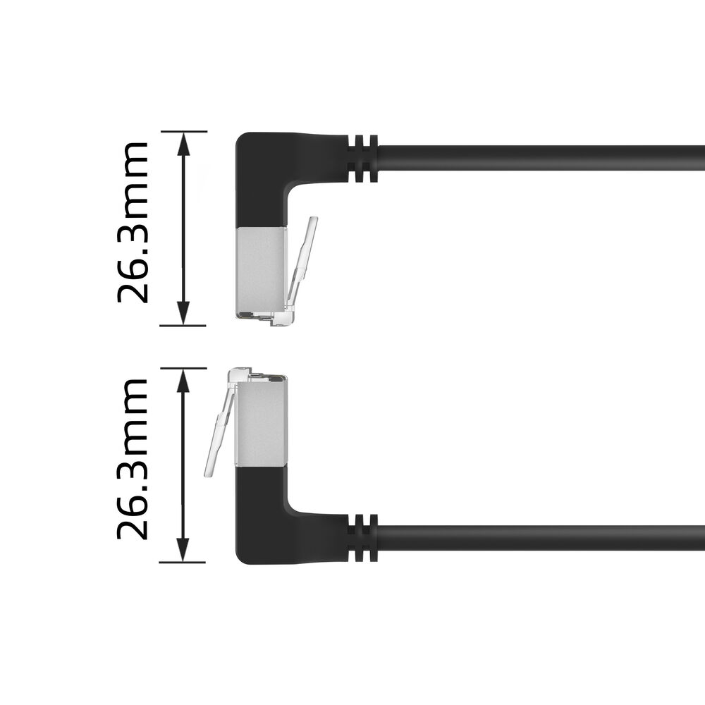 Zwei schwarze Netzwerkkabelstecker. Jeder hat einen silbernen Stecker und ein schwarzes Kabel, das sich nach rechts erstreckt. Text zeigt 26,3 mm Länge.