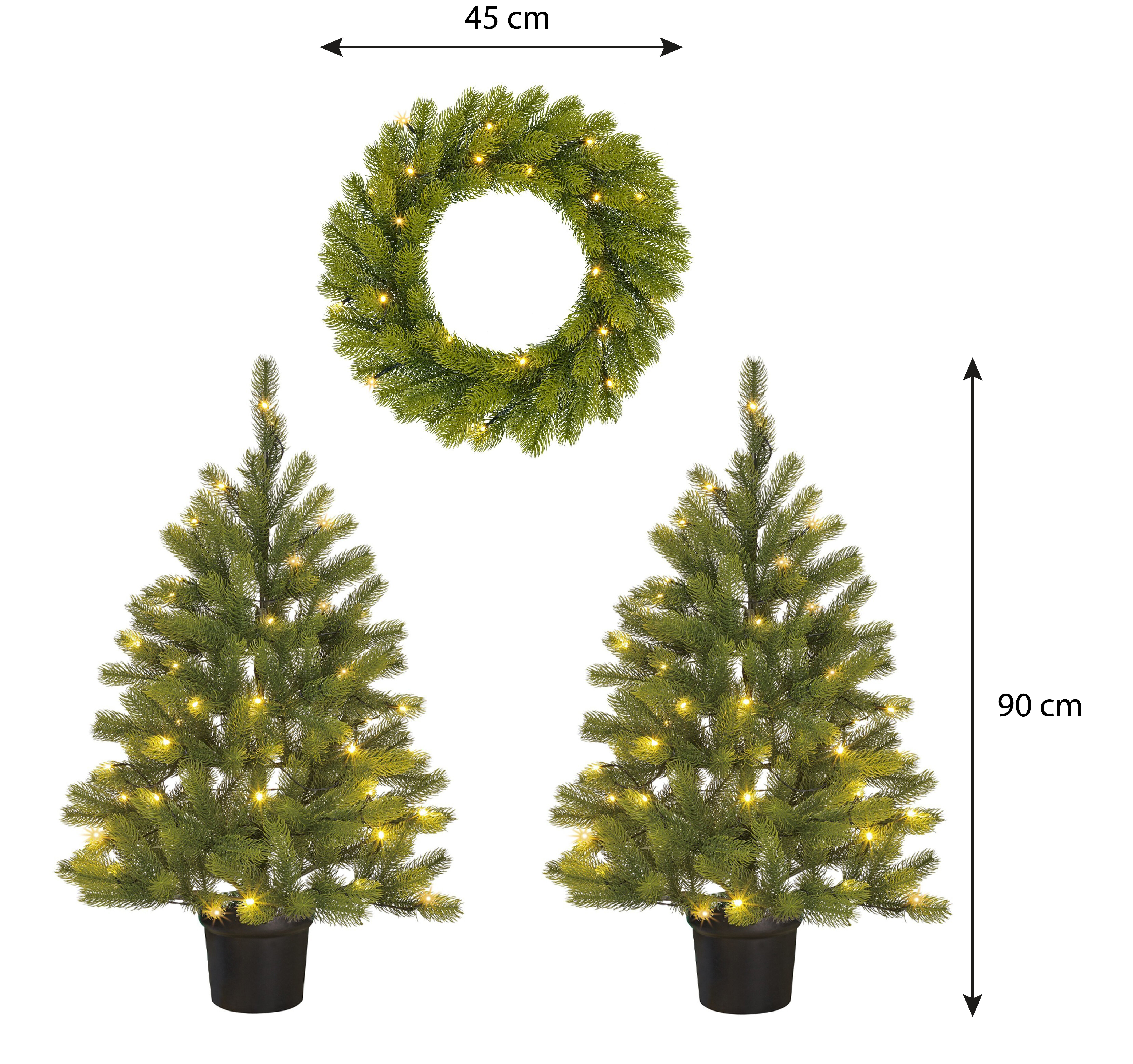 Afbeelding toont een groene kerstkrans en twee kleine kerstbomen versierd met lichtjes.