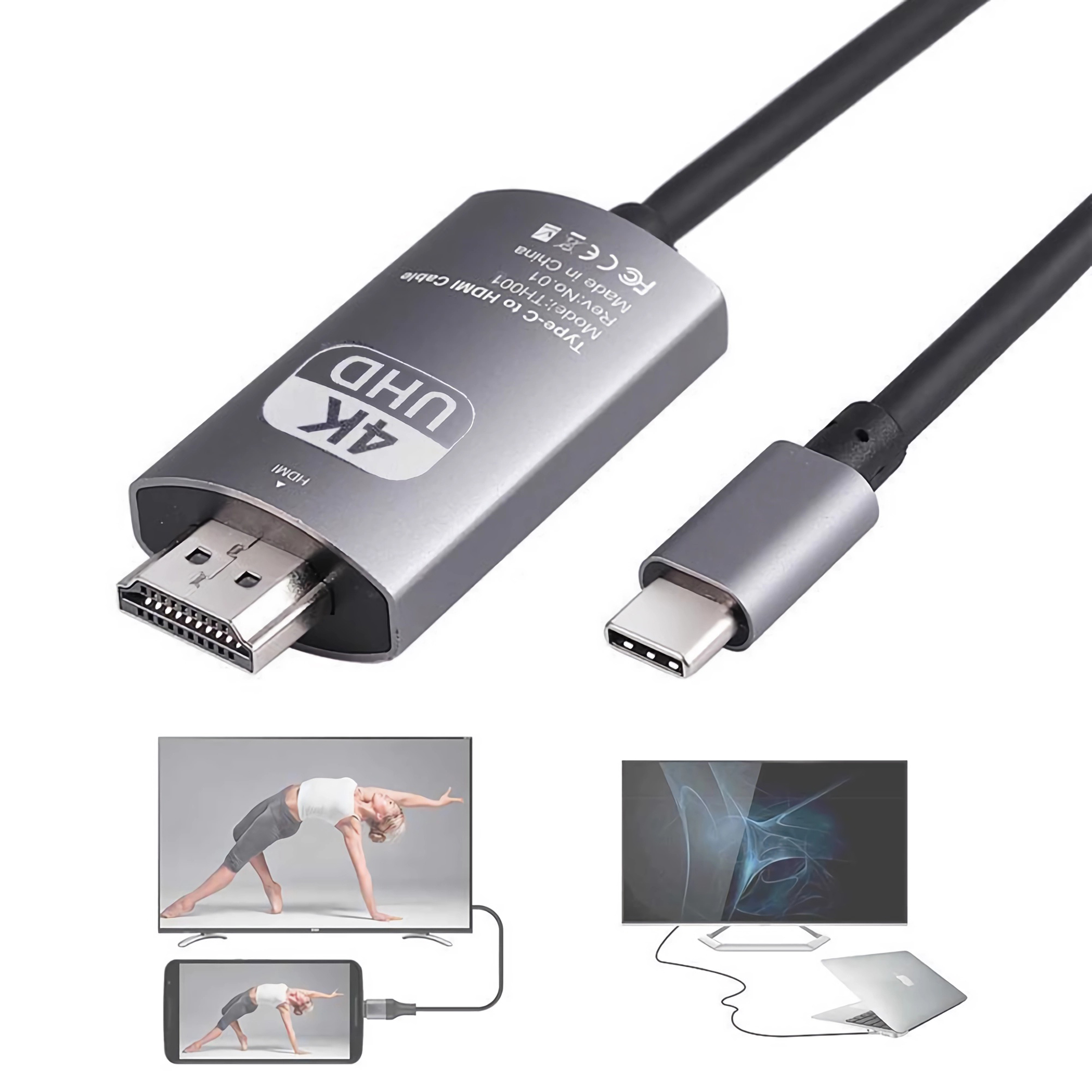 Ein 4K UHD HDMI-Kabel mit USB-C-Anschluss ist abgebildet. Außerdem gibt es Bilder von Fernseher, Telefon und Laptop, die verbunden sind.