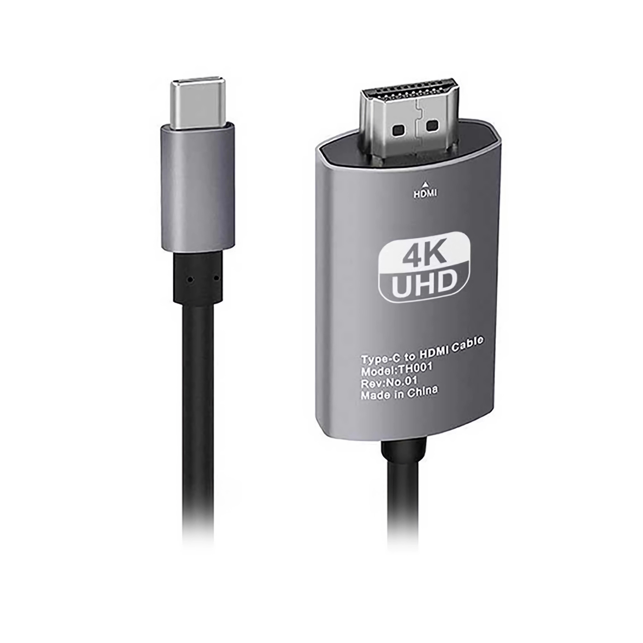 Ein graues Type-C-zu-HDMI-Kabel mit 4K-UHD-Etikett. Die Anschlüsse sind silberfarben, das Kabel ist schwarz.