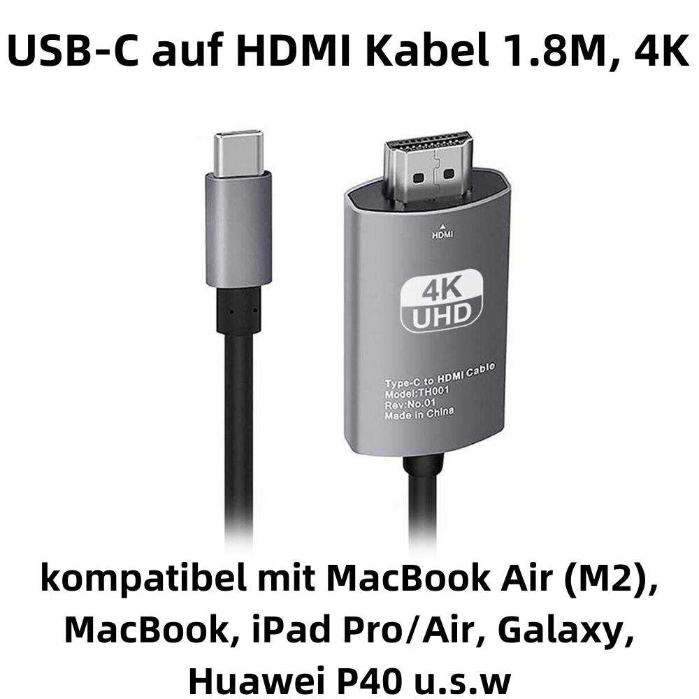 Ein USB-C-auf-HDMI-Kabel mit 4K UHD-Unterstützung. Es ist kompatibel mit MacBook Air, MacBook, iPad, Galaxy und Huawei P40 Geräten.
