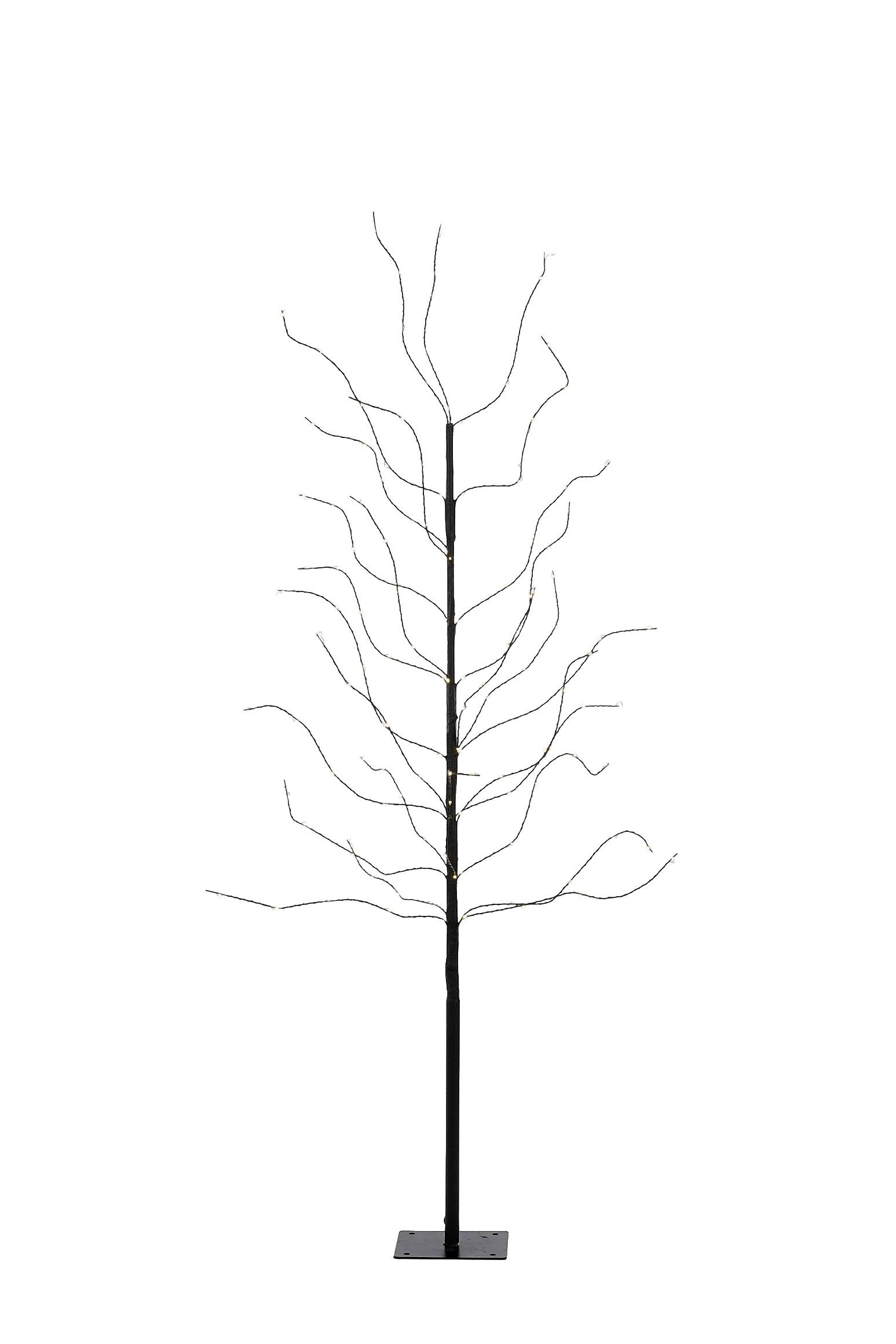 Un arbre décoratif avec tronc et branches noirs. Petites lumières sur les branches. Il repose sur une base carrée.