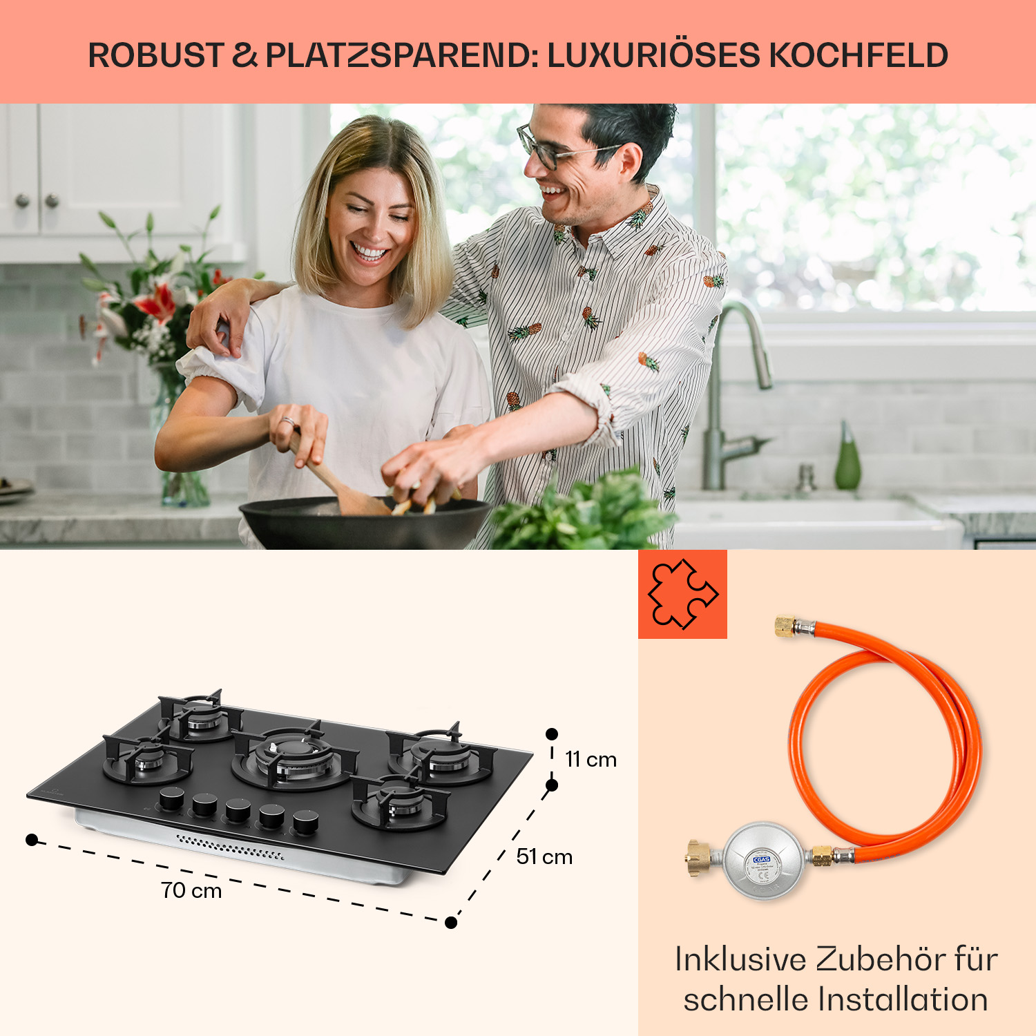 Ein Paar kocht, ein schwarzes Kochfeld und ein oranger Gasschlauch sind abgebildet. Das Kochfeld hat Abmessungen in cm. Text auf Deutsch ist vorhanden.