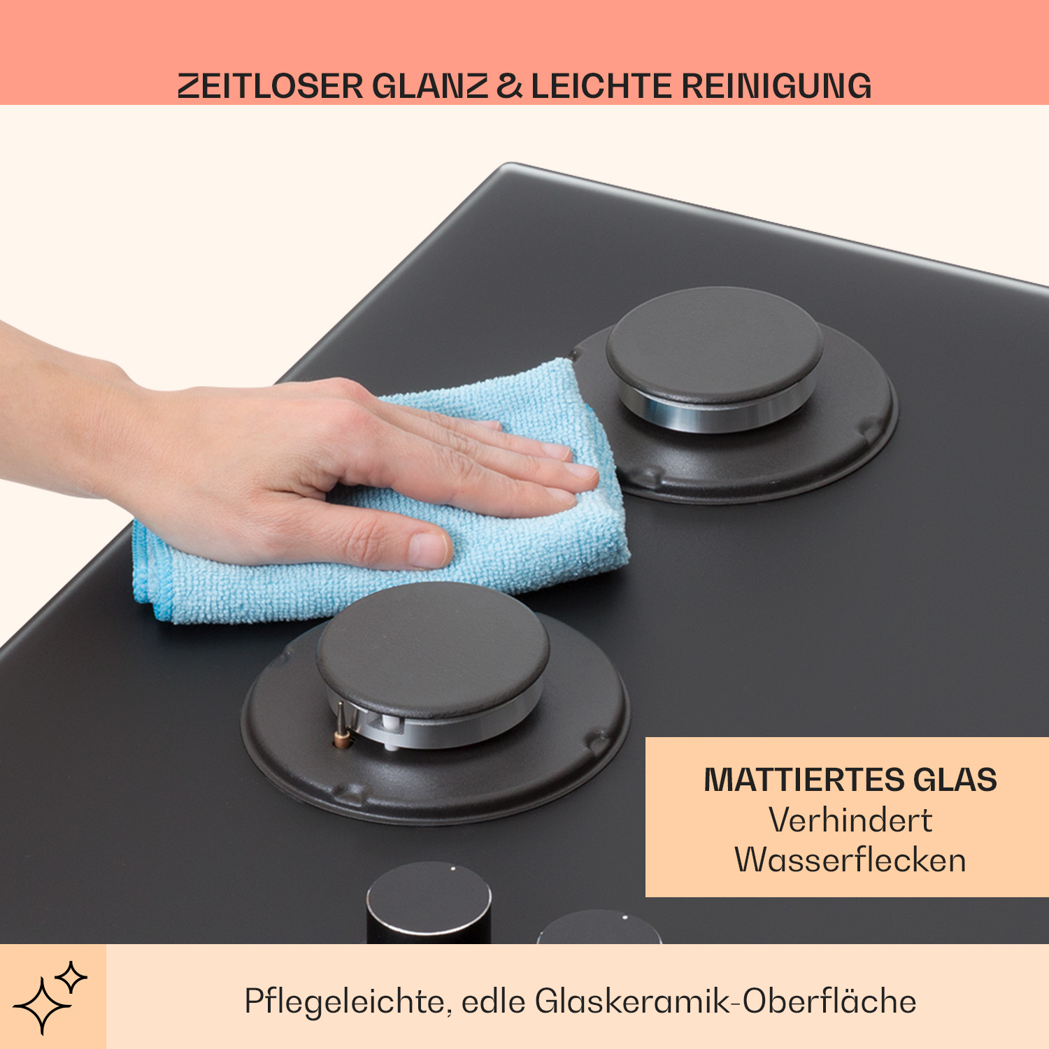 Eine Hand wischt eine schwarze Kochfeld mit einem blauen Tuch ab. Es gibt zwei Brenner und Text über leicht zu reinigende Glaskeramik.