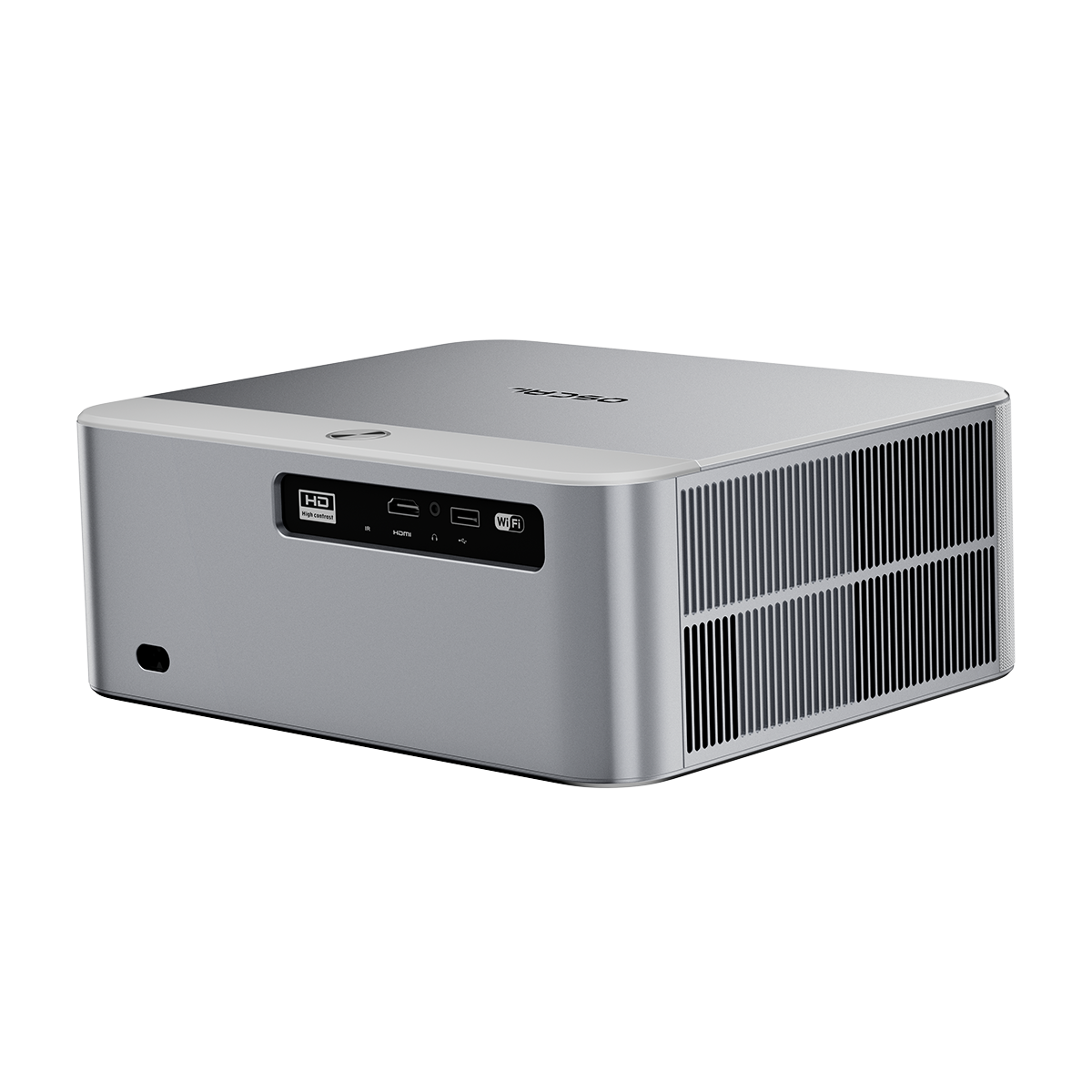 Een zilveren projector met een witte bovenkant. Het heeft poorten voor HDMI, USB en WiFi. De zijkant heeft ventilatie. Het woord 'OSCAR' staat bovenaan.