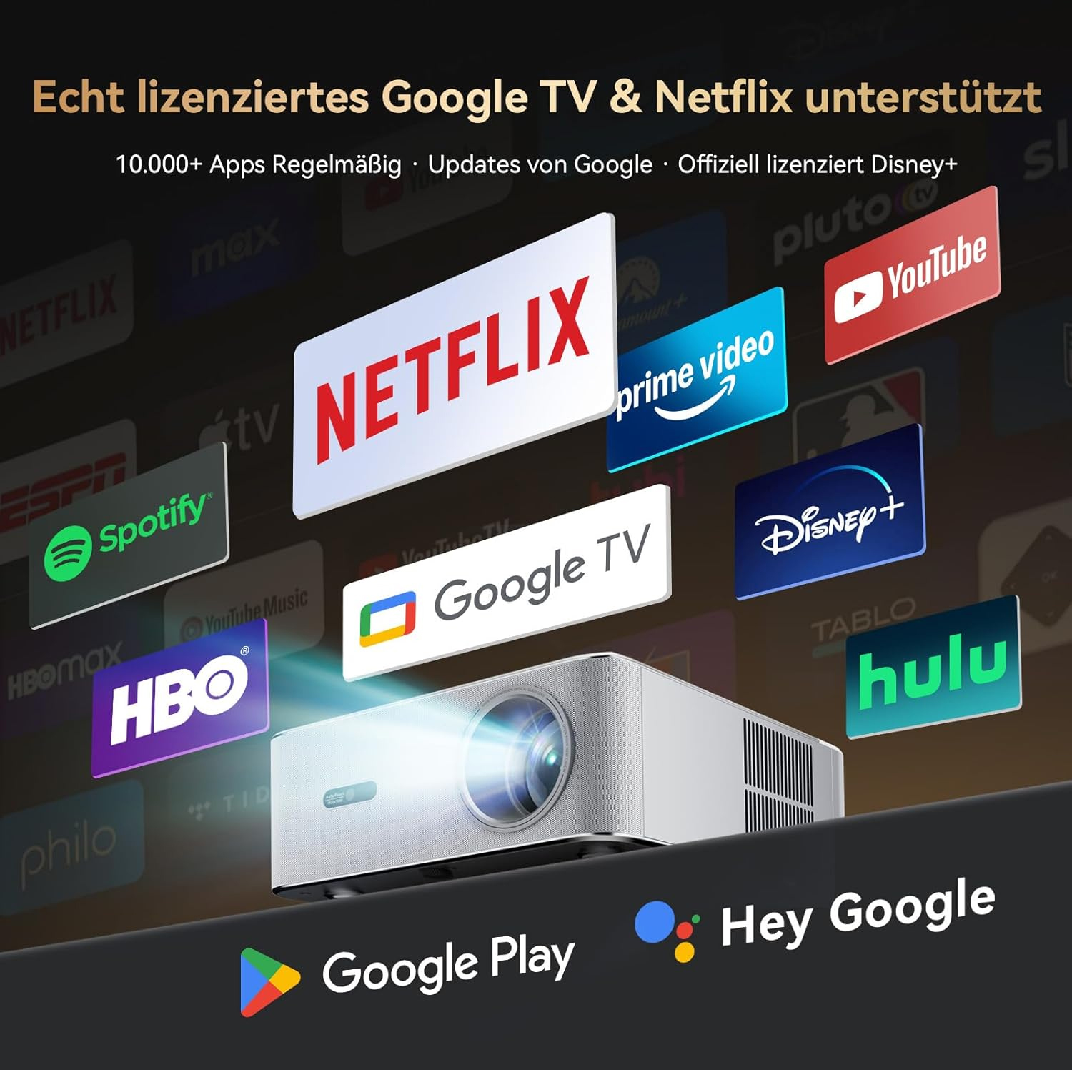 Ein Projektor zeigt Logos von Streaming-Diensten wie Netflix und YouTube. Google Play und Hey Google Logos werden ebenfalls angezeigt.