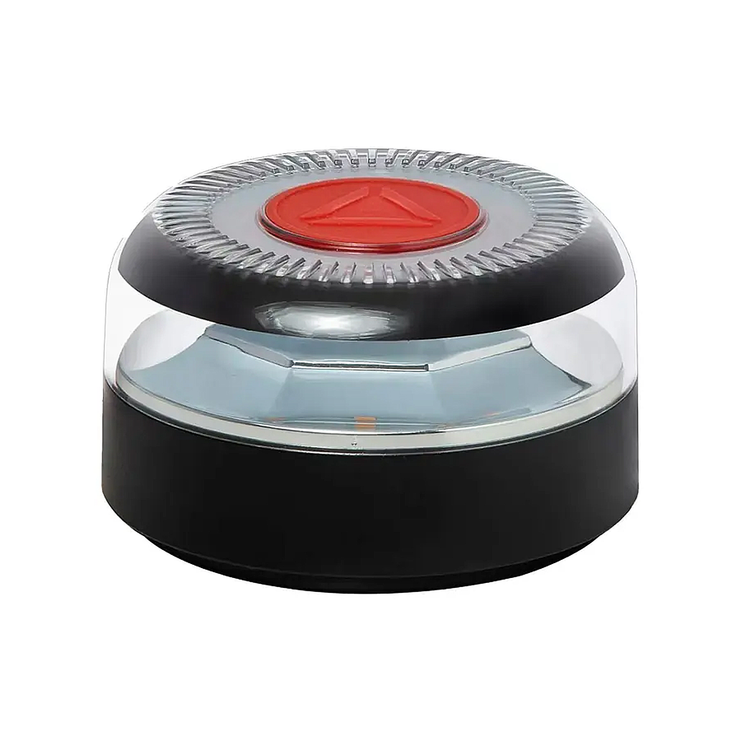Un dispositivo rotondo e nero con una cupola trasparente. Ha una parte superiore rossa con un simbolo triangolare. Lo sfondo è bianco.