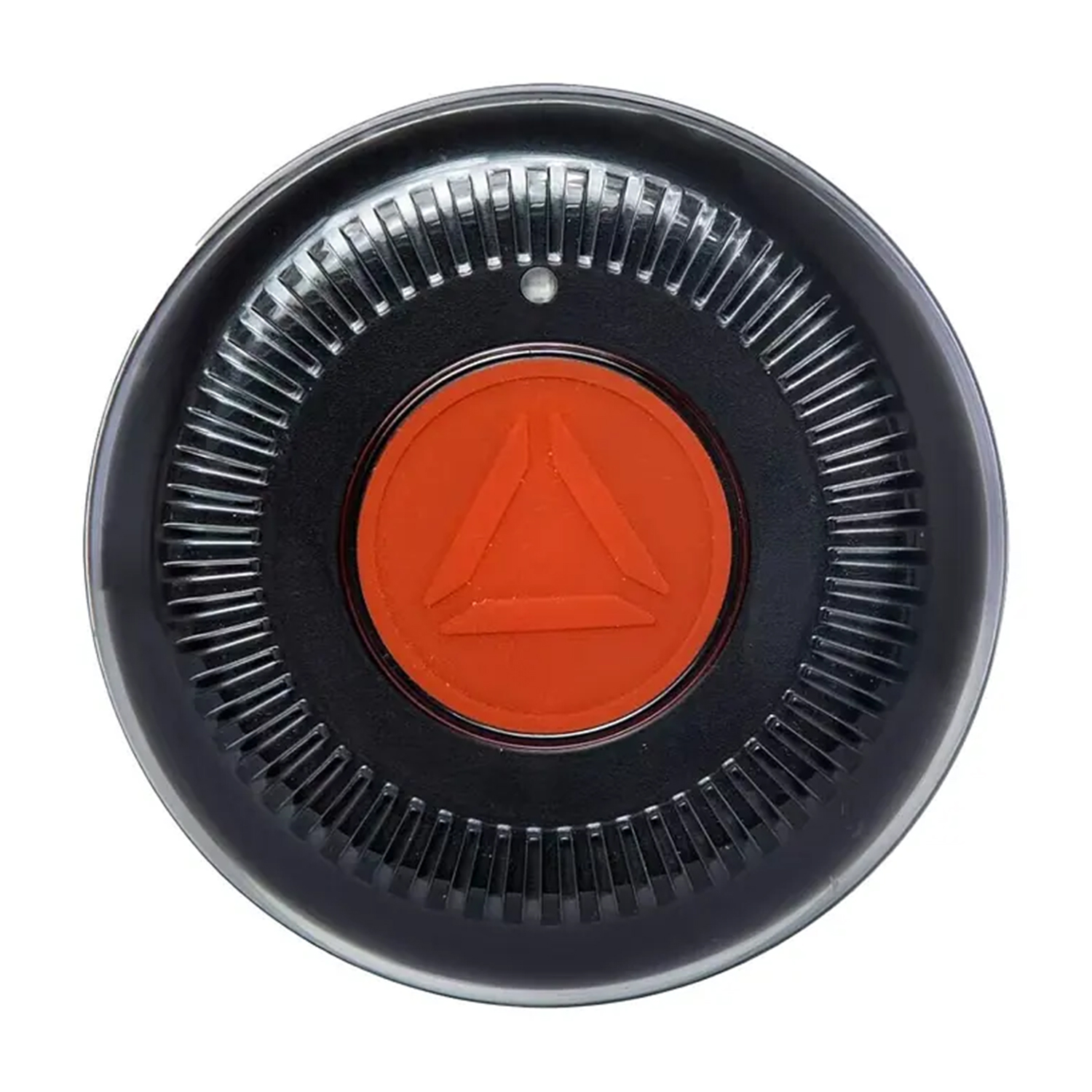Un pulsante rotondo nero e trasparente con un centro arancione contenente un simbolo triangolare bianco, su sfondo bianco.