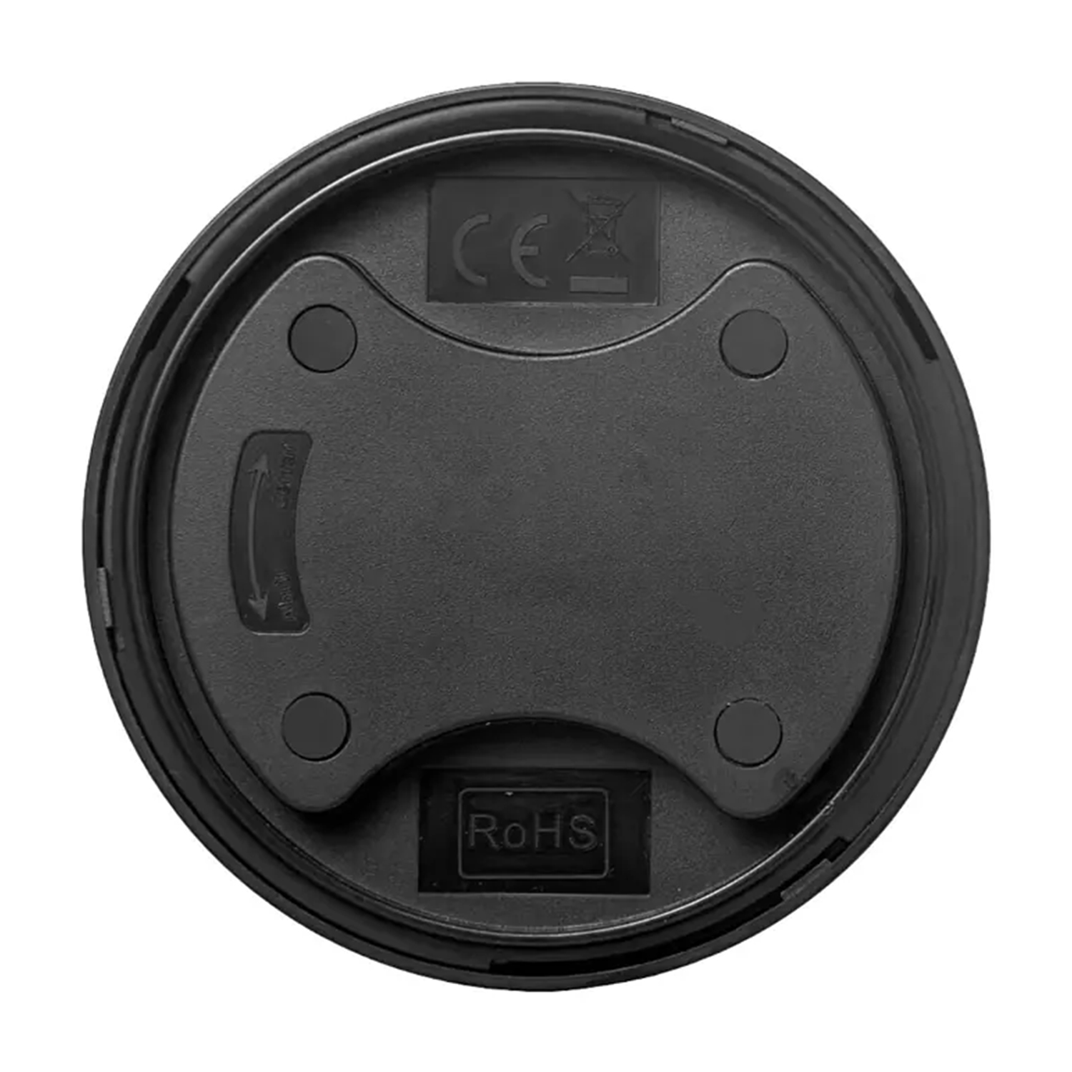 Primo piano del retro di un dispositivo circolare nero. Presenta un pannello rettangolare centrale, marcature e una freccia rotante.