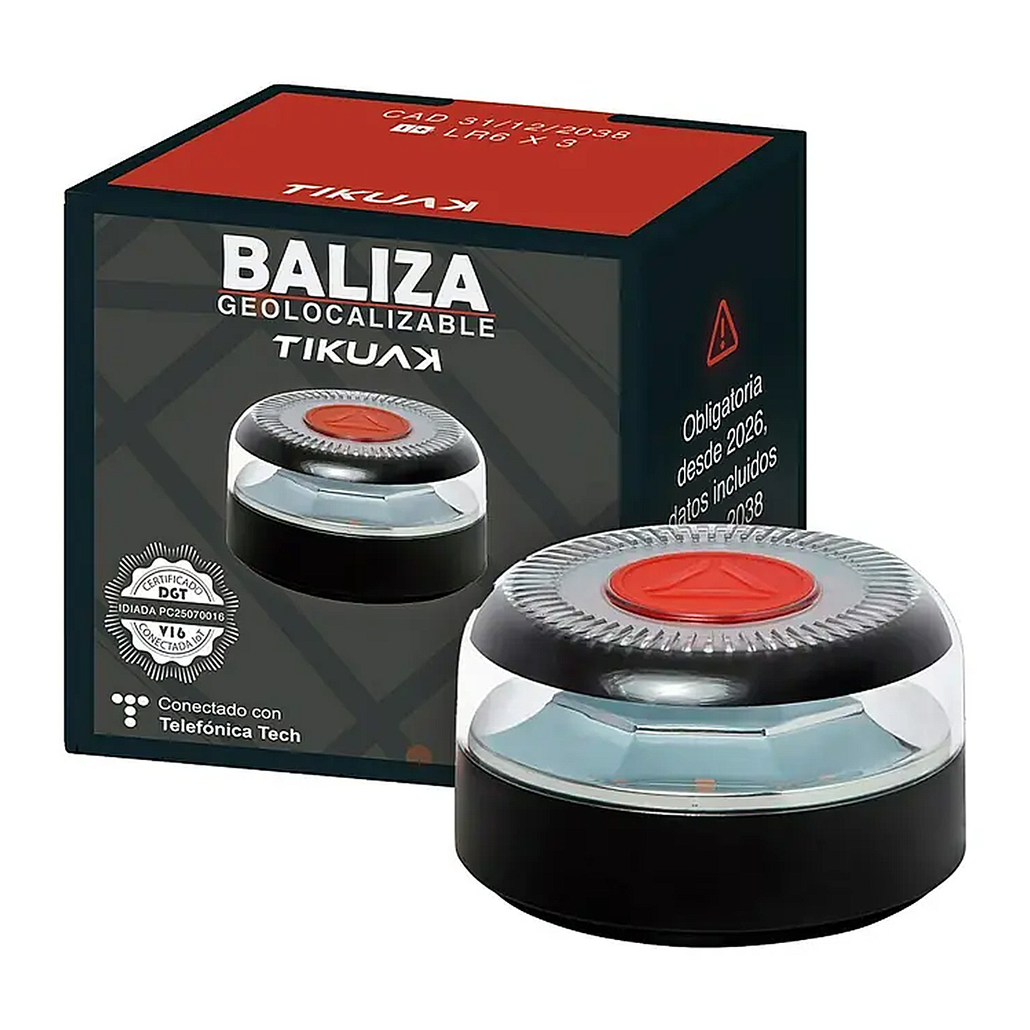 Una scatola del prodotto e un dispositivo etichettato 'BALIZA'. Il dispositivo è nero e trasparente con la parte superiore rossa. La scatola è nera e rossa.