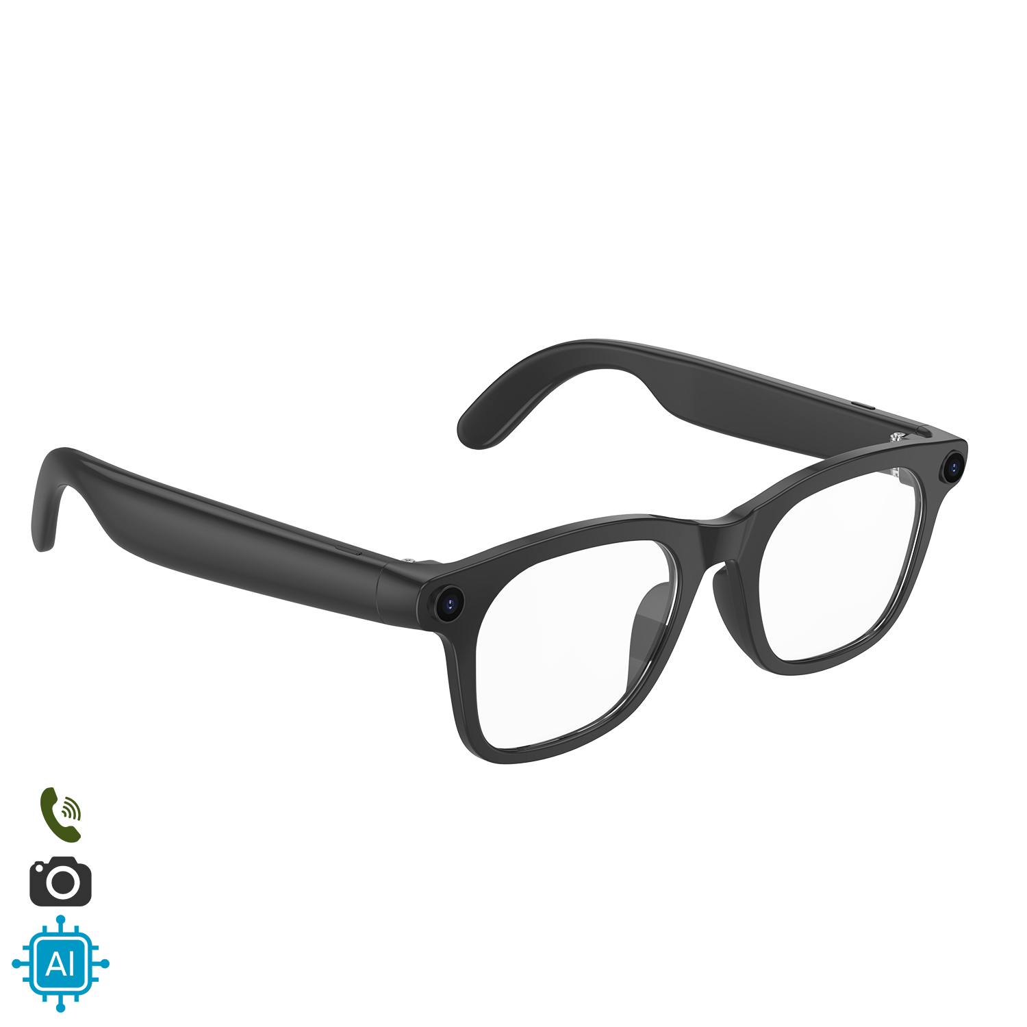 Schwarze Smartbrille mit klaren Gläsern und integrierten Kameras. Symbole für Telefon, Kamera und KI sind sichtbar.