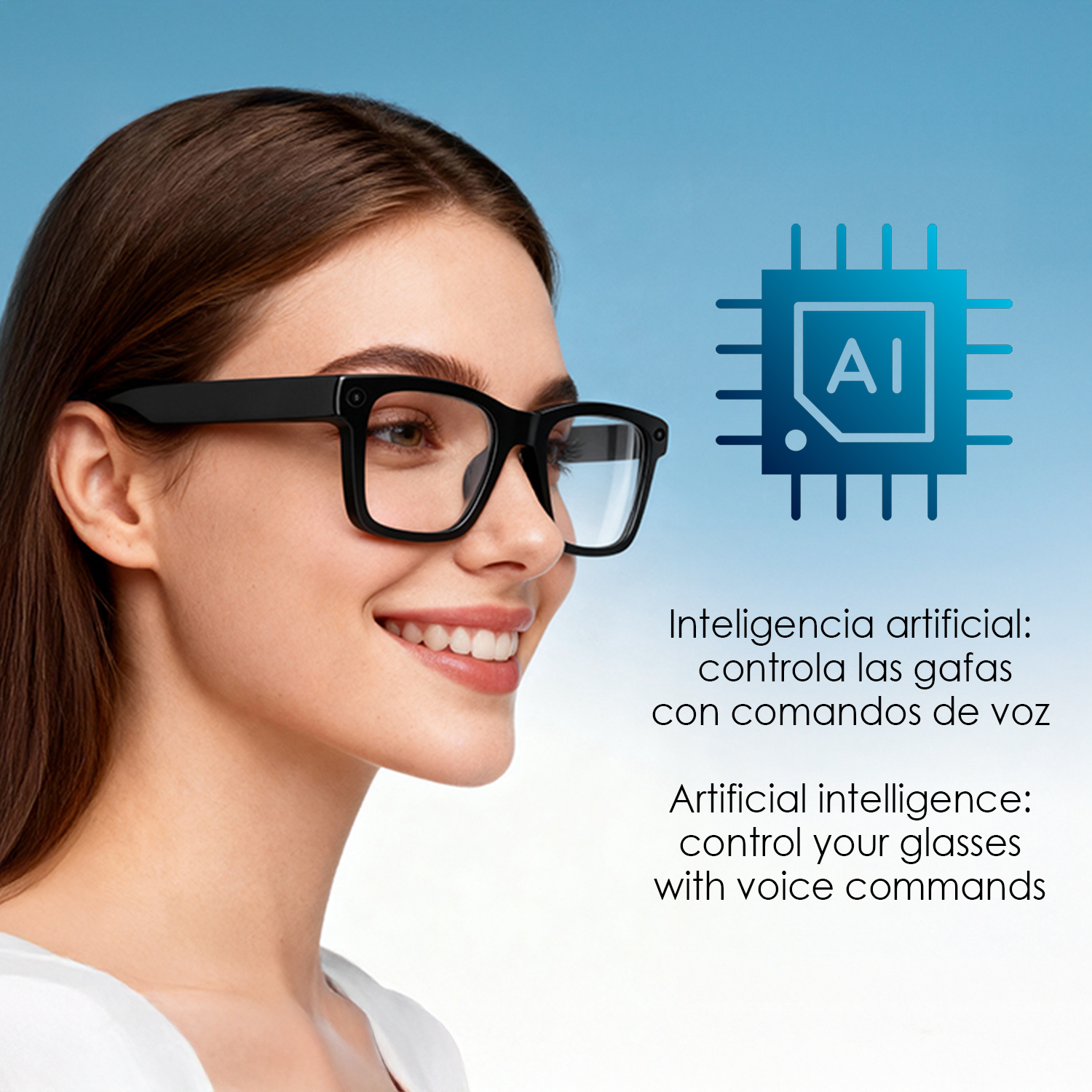 Eine Frau mit Brille lächelt. Ein KI-Chip-Symbol befindet sich rechts. Text lautet: Steuern Sie die Brille mit Sprachbefehlen.
