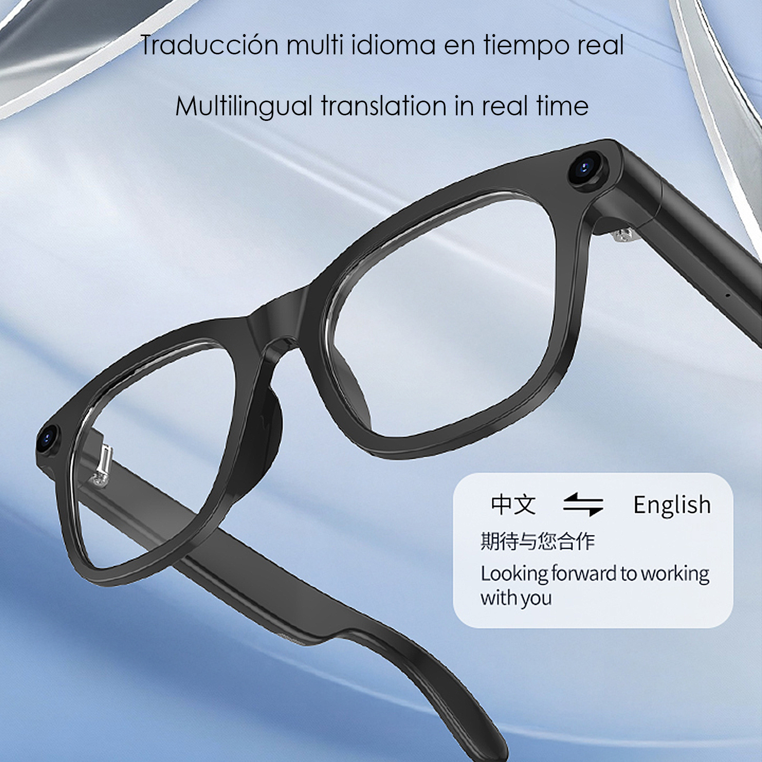 Schwarze intelligente Brille mit Kameras. Text: 'Mehrsprachige Übersetzung in Echtzeit'. Chinesischer und englischer Text vorhanden.