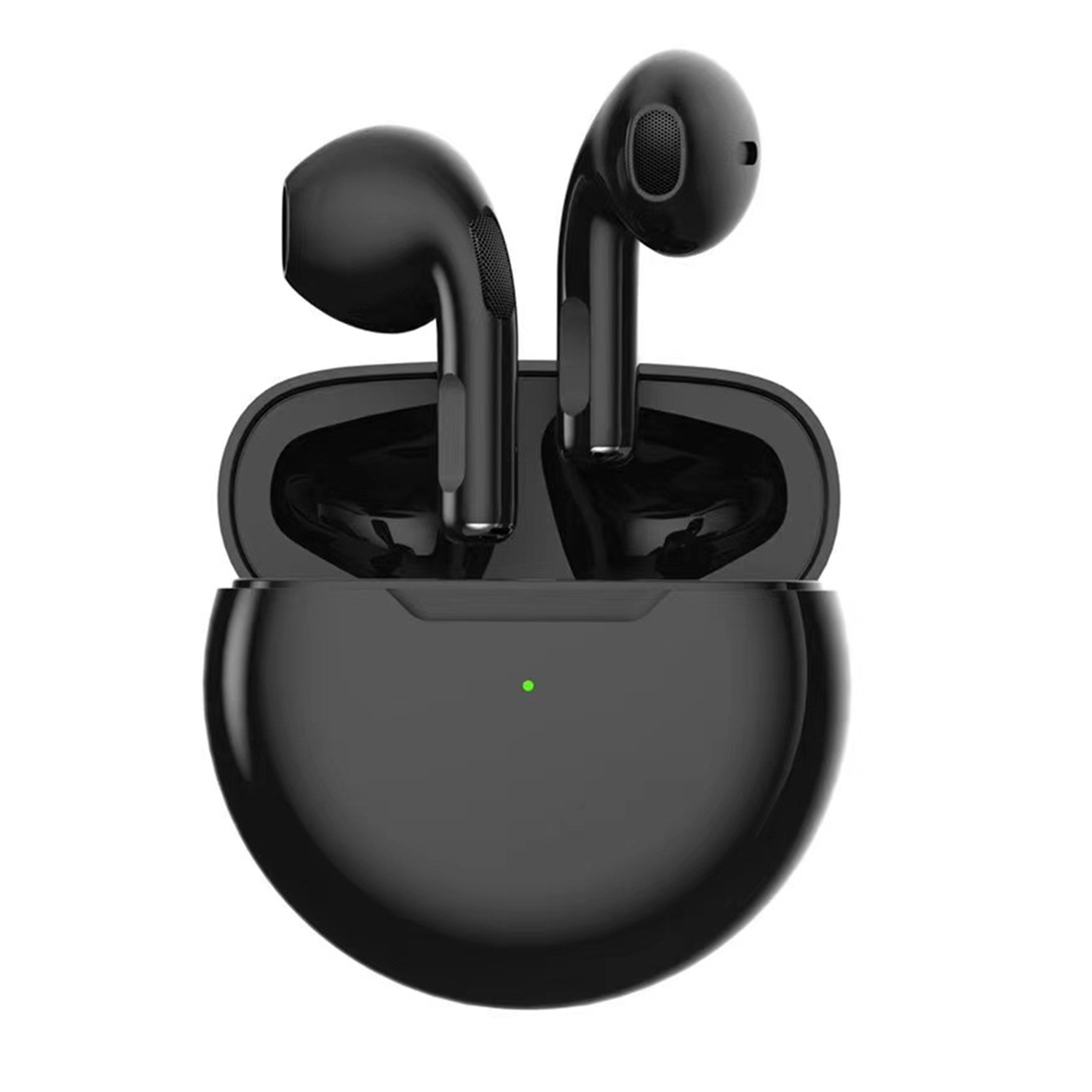 Auricolari wireless neri in una custodia di ricarica. La custodia è aperta, mostrando gli auricolari. Una luce verde è sulla custodia.