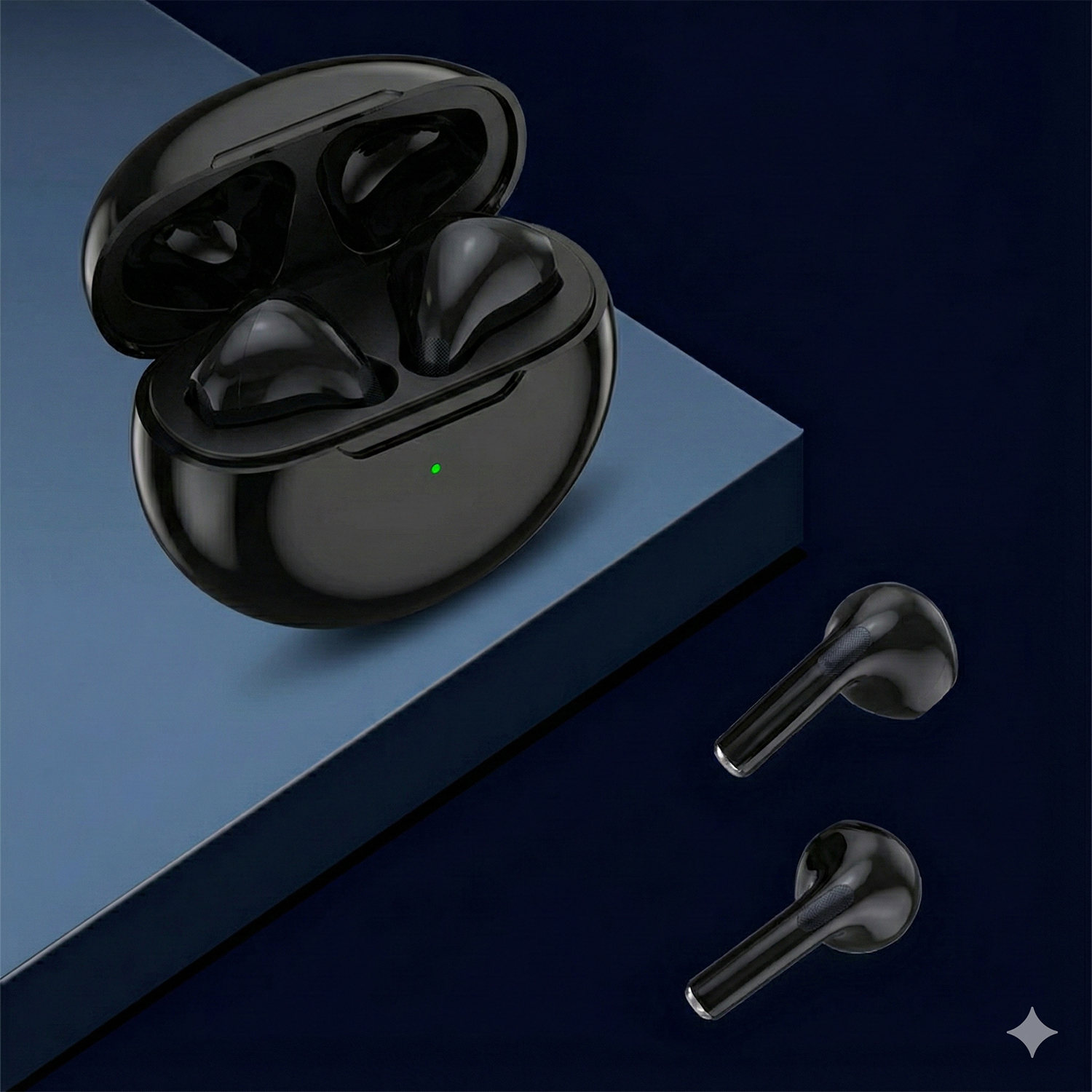 Auricolari wireless neri e custodia di ricarica su una superficie blu. Due auricolari sono fuori dalla custodia. Sfondo blu scuro.