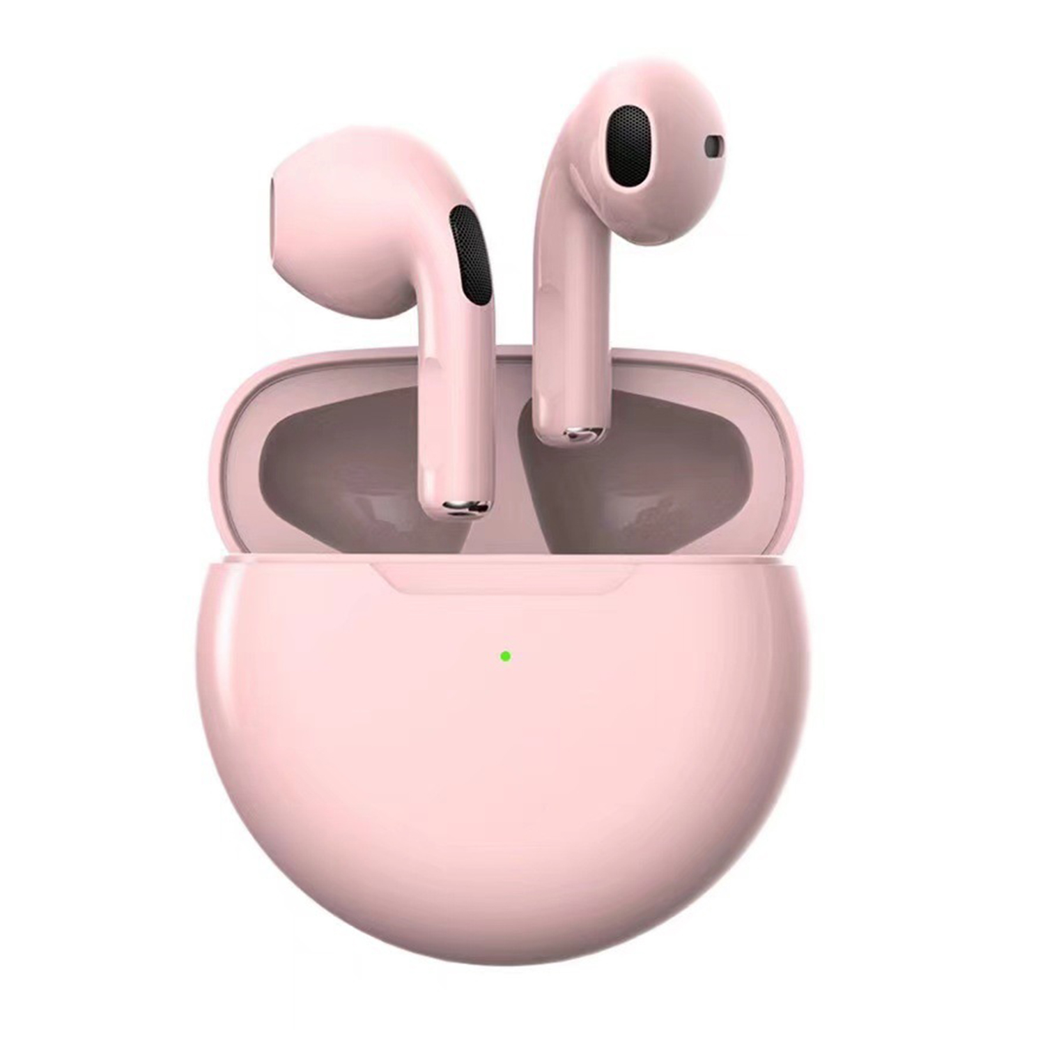 Auricolari wireless rosa in una custodia di ricarica. La custodia è aperta e gli auricolari sono all'interno. Una piccola luce verde è visibile.